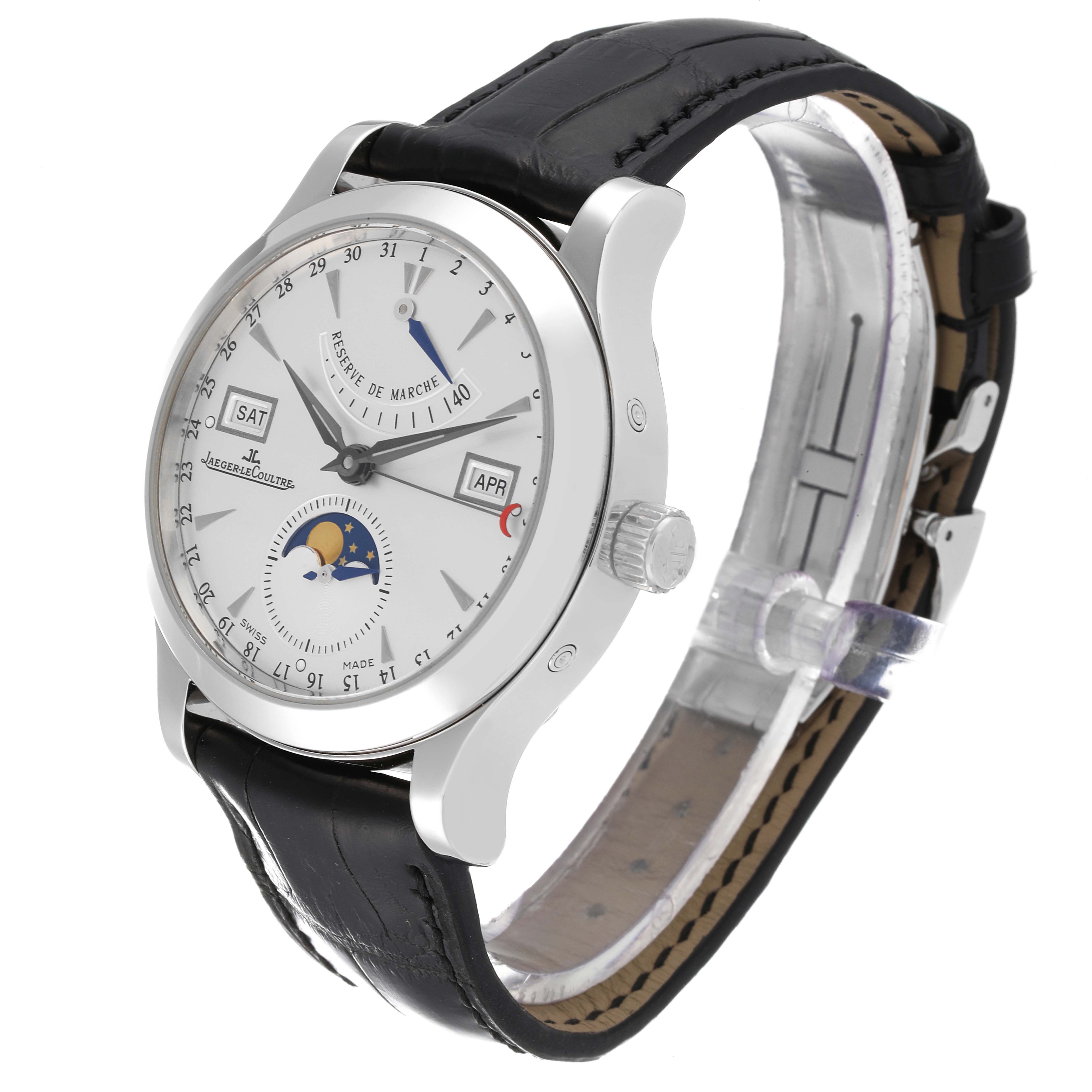 The Jaeger LeCoultre Master Q151842A Men's Stainless Steel Silver Dial Q151842A Men's Stainless Steel Silver Dial watch is shown at a three-quarter angle, highlighting its face, dial, crown, and black leather strap.