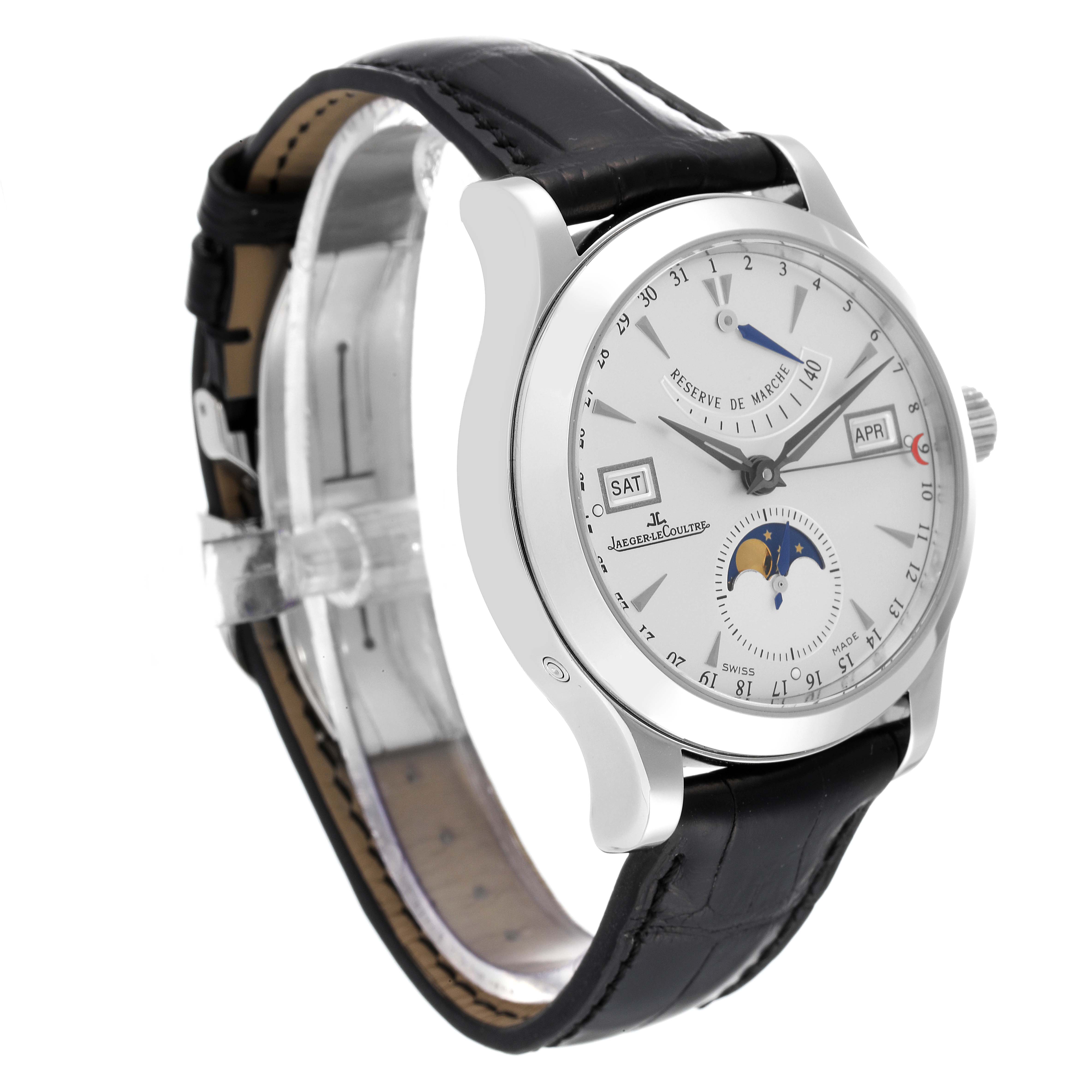 The image shows a Jaeger LeCoultre Master Q151842A Men's Stainless Steel Silver Dial Q151842A Men's Stainless Steel Silver Dial model watch at a three-quarter angle, revealing the face, dial, and leather strap.