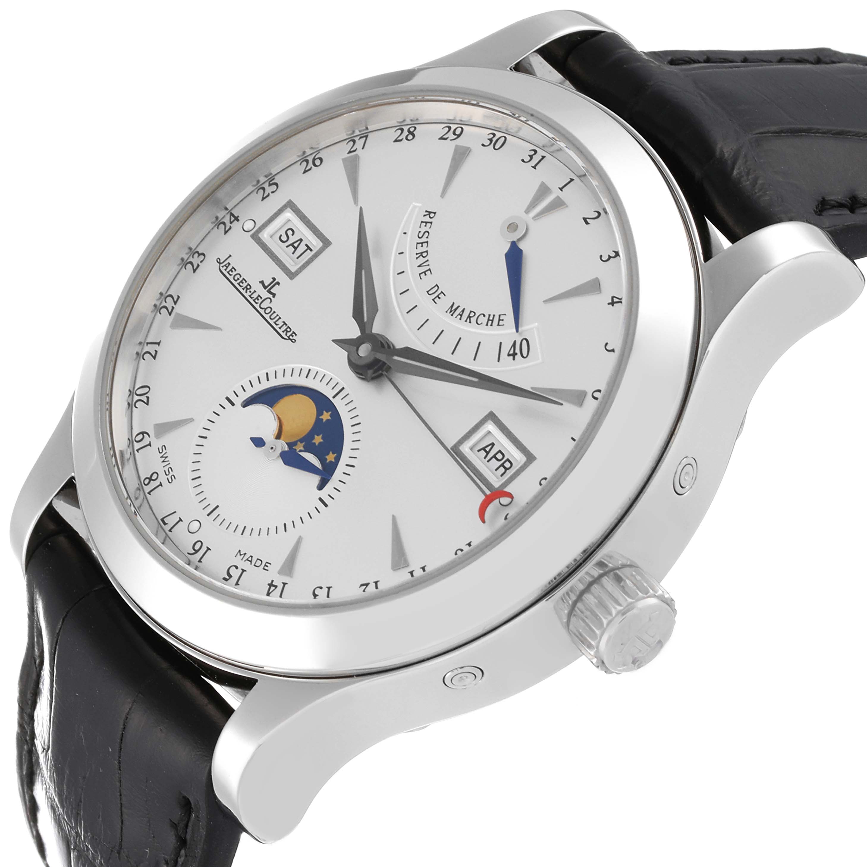 The image shows a close-up angle of a Jaeger LeCoultre Master Q151842A Men's Stainless Steel Silver Dial Q151842A Men's Stainless Steel Silver Dial model watch, highlighting the dial, crown, and leather strap.