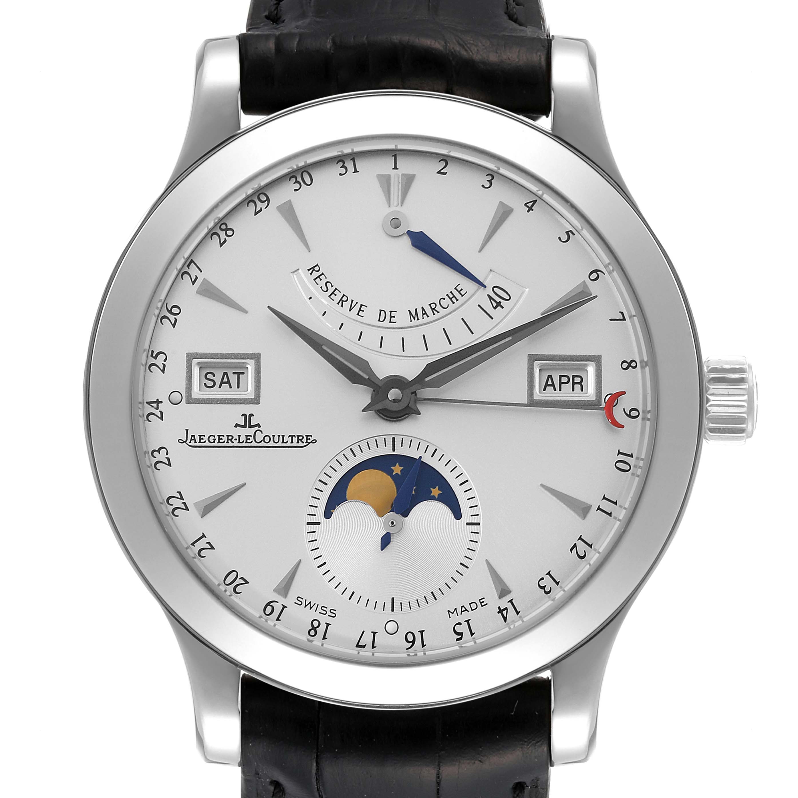 The Jaeger-LeCoultre Master model watch is shown from a top-down angle, displaying its face, calendar, and moon phase features.