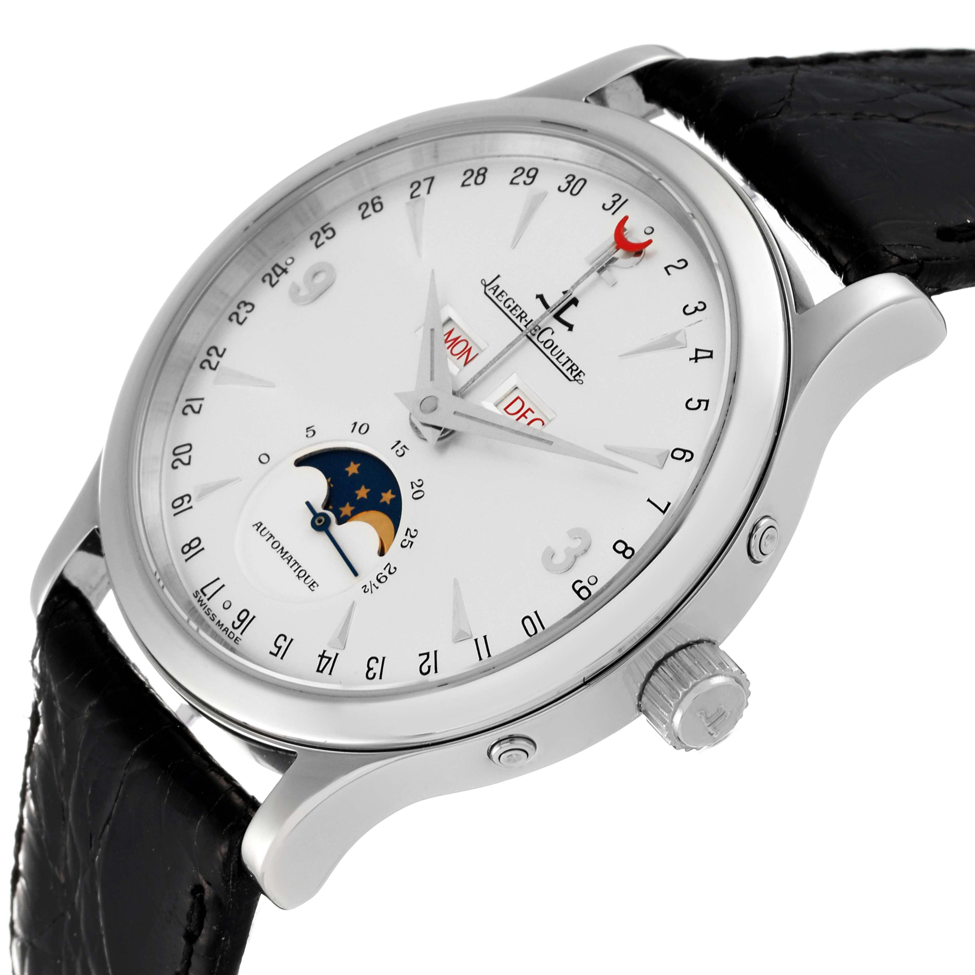 The image shows a Jaeger LeCoultre Master Q1558420 Men's Stainless Steel Silver Dial Q1558420 Men's Stainless Steel Silver Dial model watch at a three-quarter angle, highlighting the face, crown, and part of the strap.