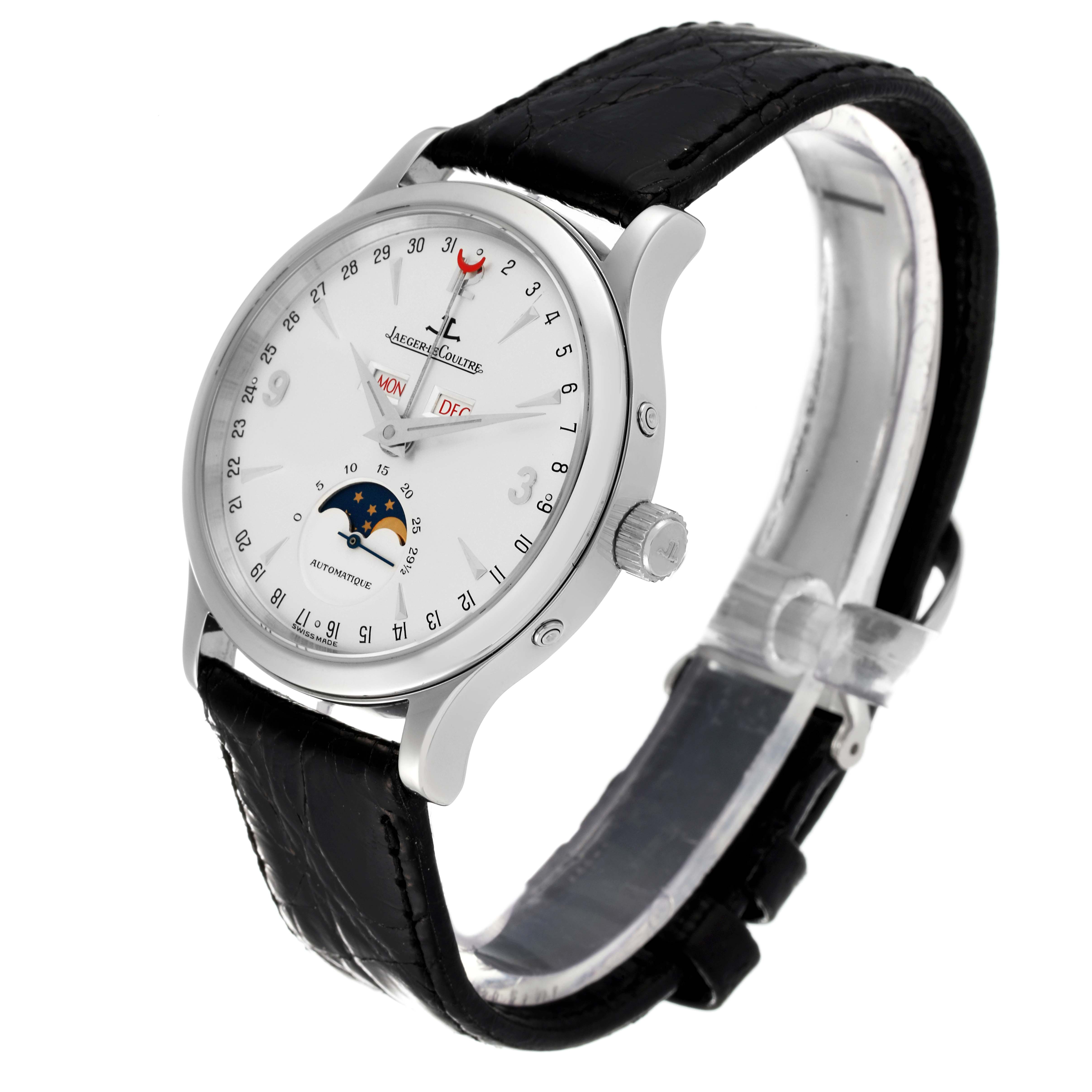 The image shows a Jaeger LeCoultre Master Q1558420 Men's Stainless Steel Silver Dial Q1558420 Men's Stainless Steel Silver Dial watch at a three-quarter angle, featuring the dial, crown, and black leather strap.