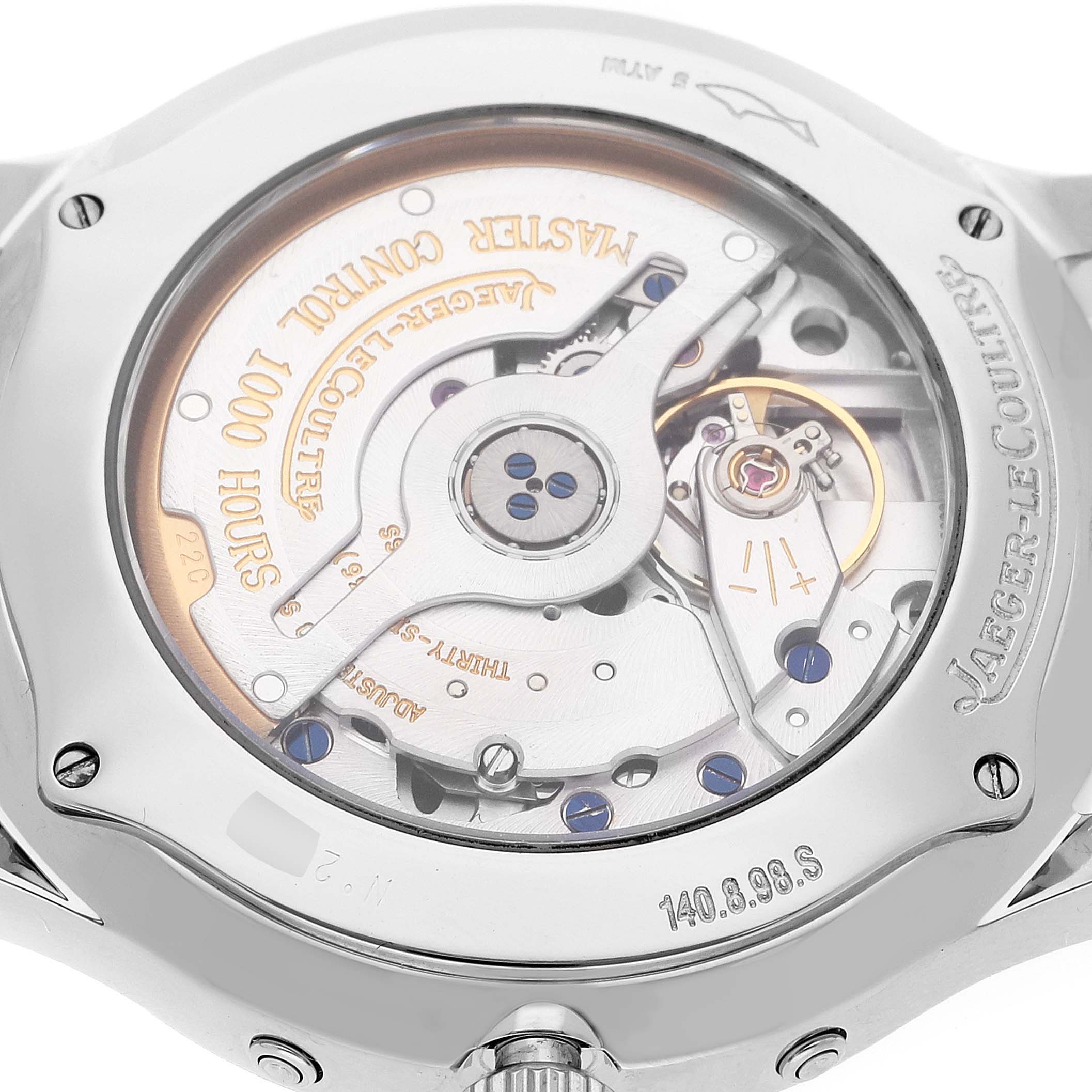 This is a close-up view of the back of a Jaeger-LeCoultre Master model, displaying its intricate mechanical movement.
