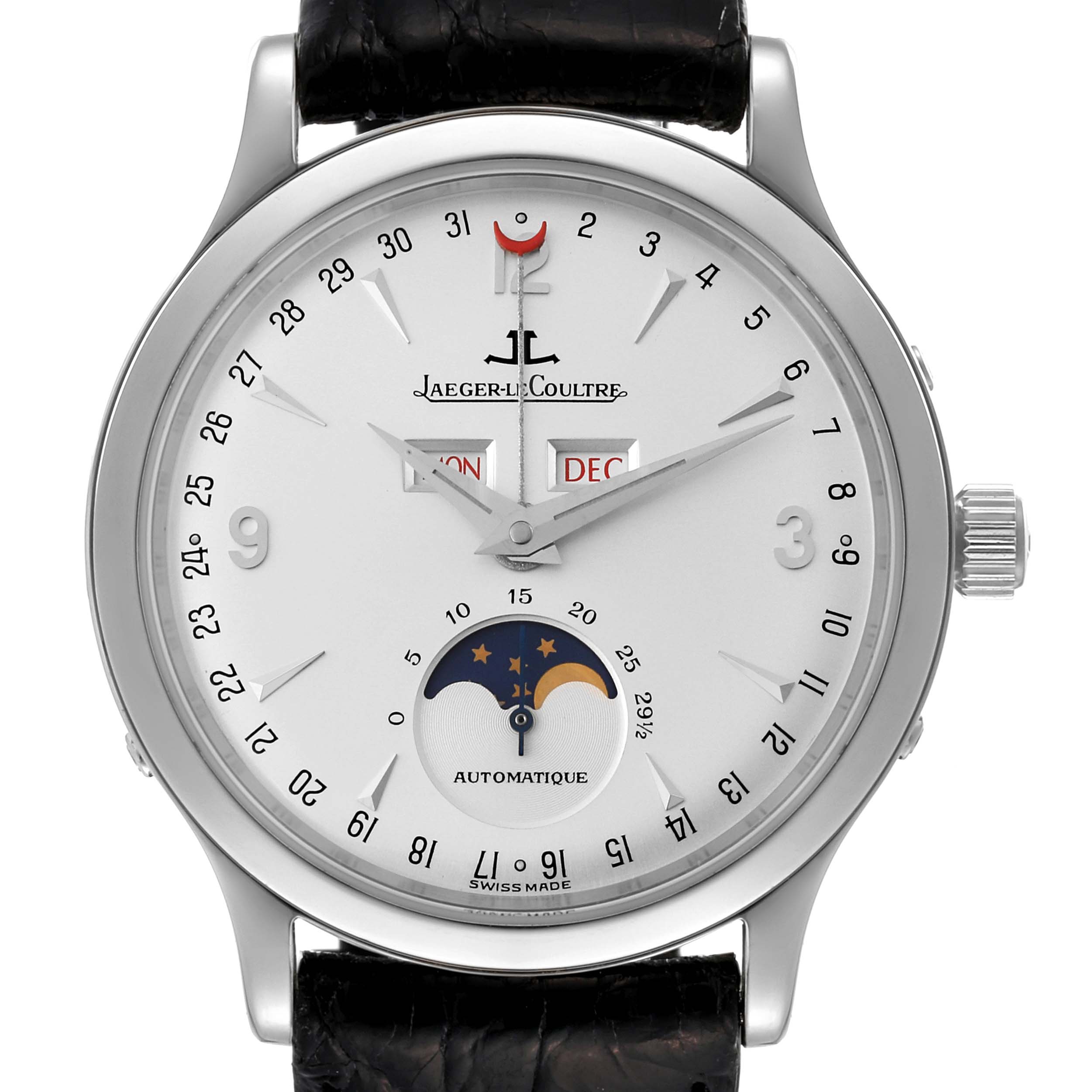 The Jaeger LeCoultre Master Q1558420 Men's Stainless Steel Silver Dial Q1558420 Men's Stainless Steel Silver Dial model watch is shown from a front angle, highlighting its dial, hands, and moonphase display.