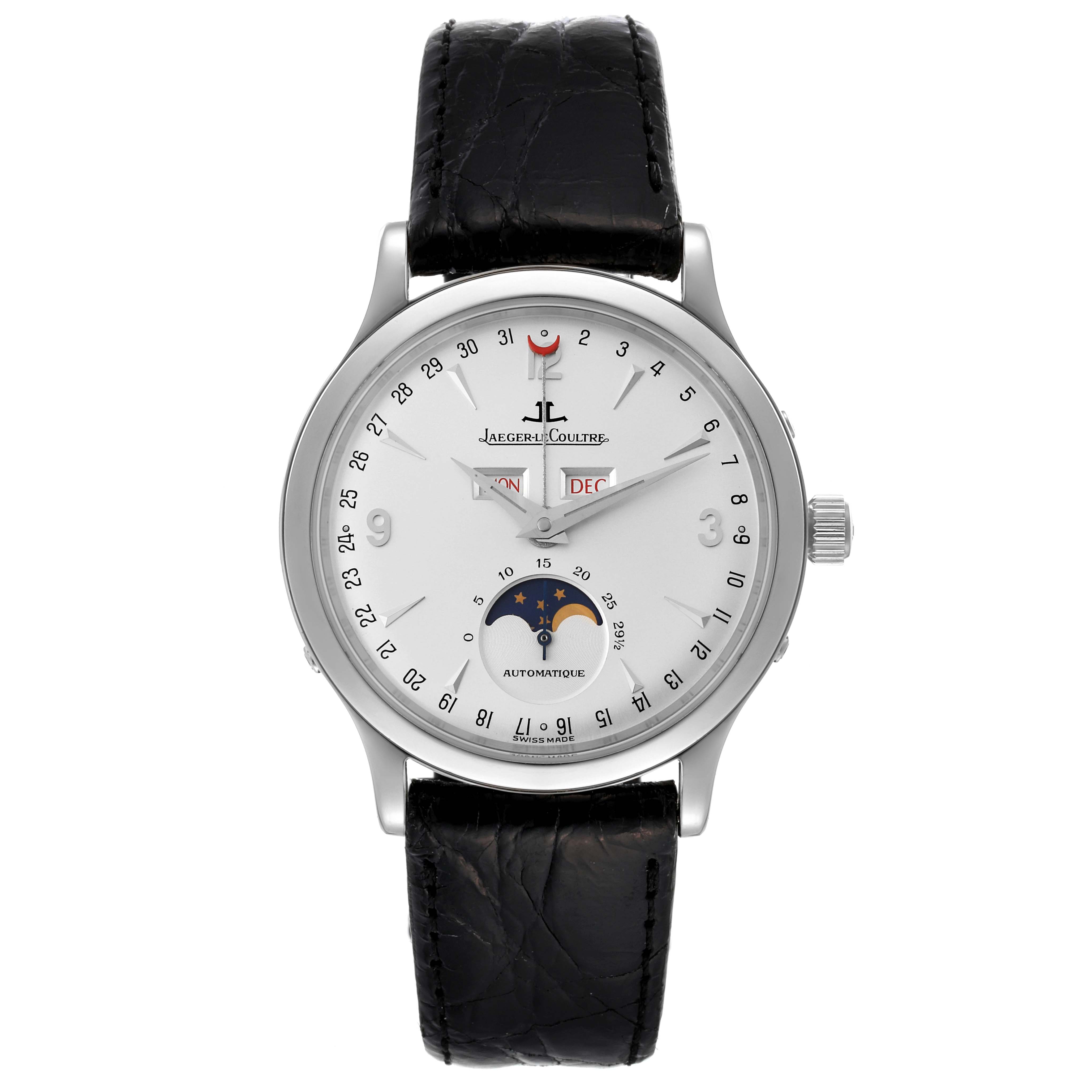 This is a frontal view of a Jaeger LeCoultre Master Q1558420 Men's Stainless Steel Silver Dial Q1558420 Men's Stainless Steel Silver Dial model watch, showing the face, straps, and complications.