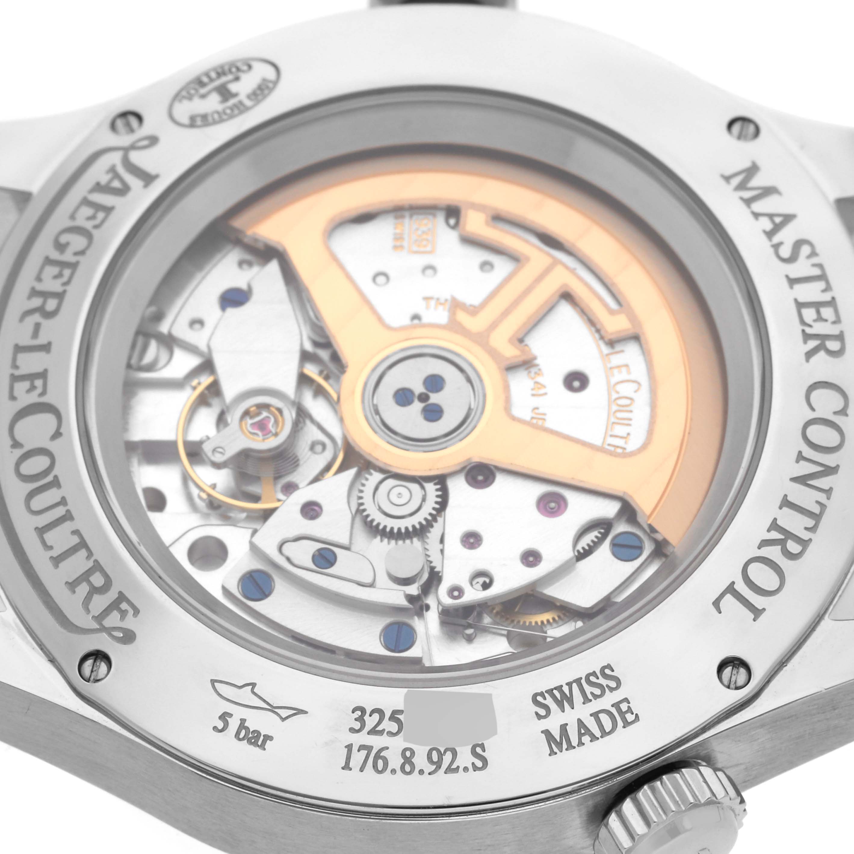 The image shows the case back of the Jaeger-LeCoultre Master Control watch, revealing its inner mechanical components.