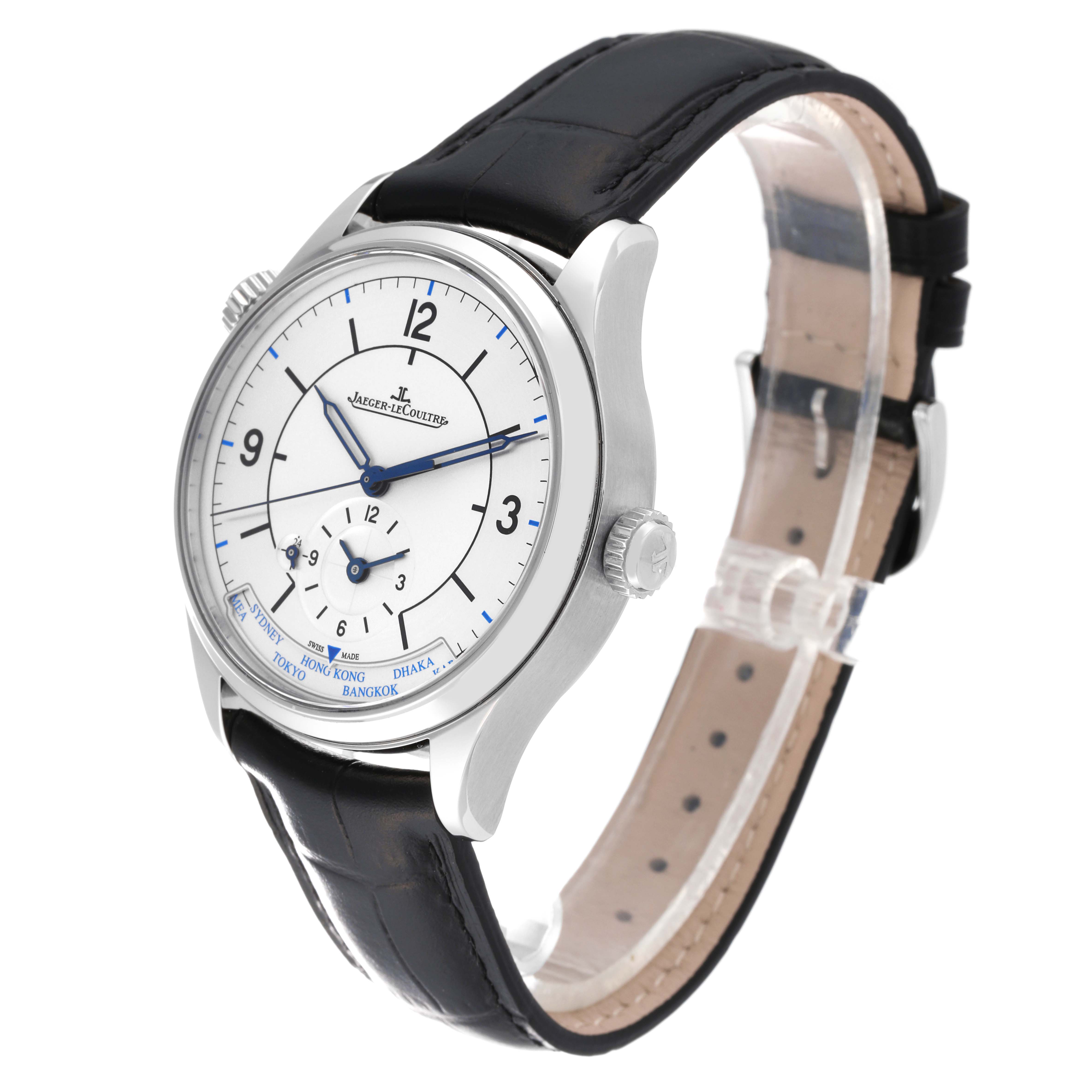 This Jaeger-LeCoultre Master model watch is shown at a three-quarter angle, displaying its face, crown, and leather strap.