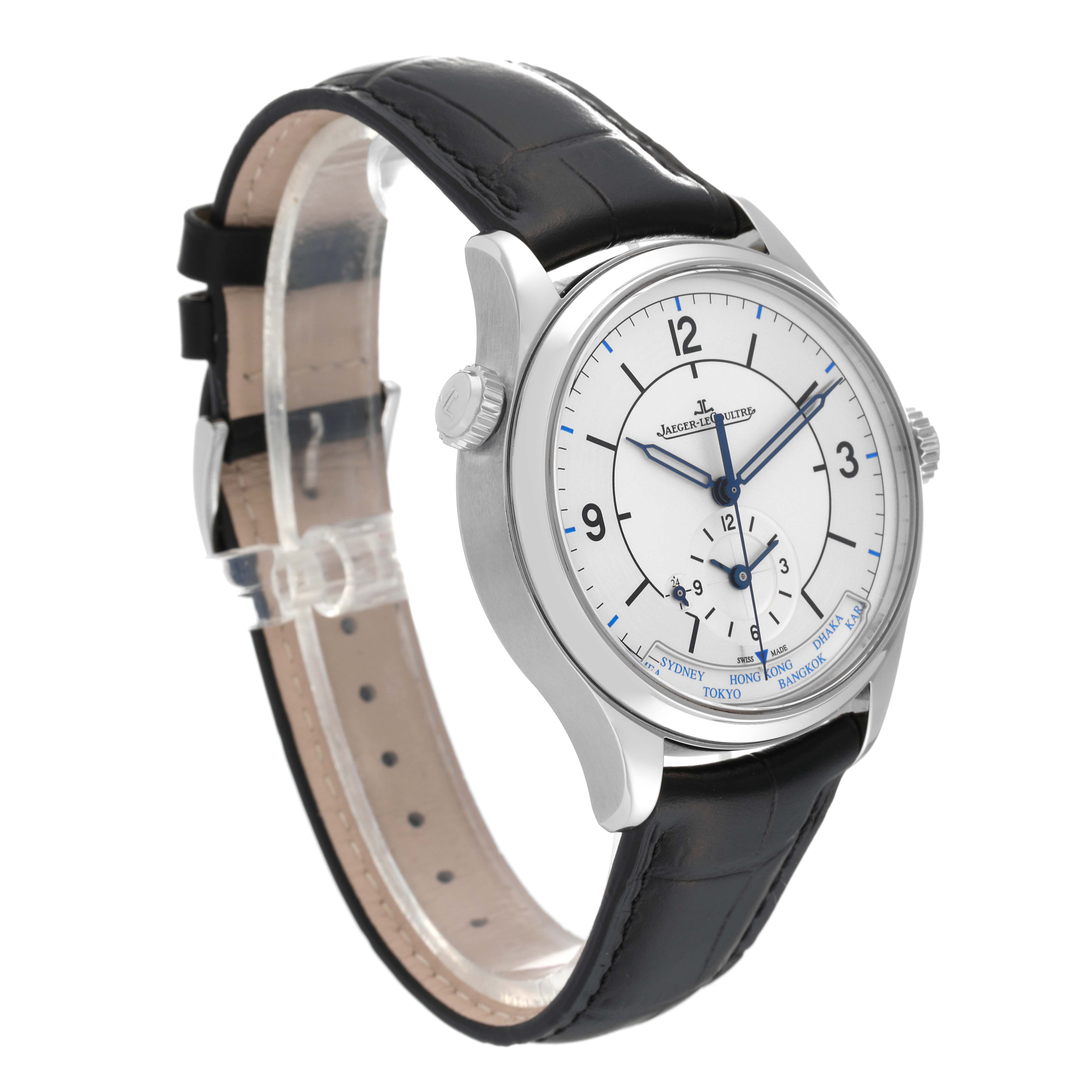 The image shows a Jaeger-LeCoultre Master model watch at a three-quarter angle, highlighting its face, case, and black leather strap.