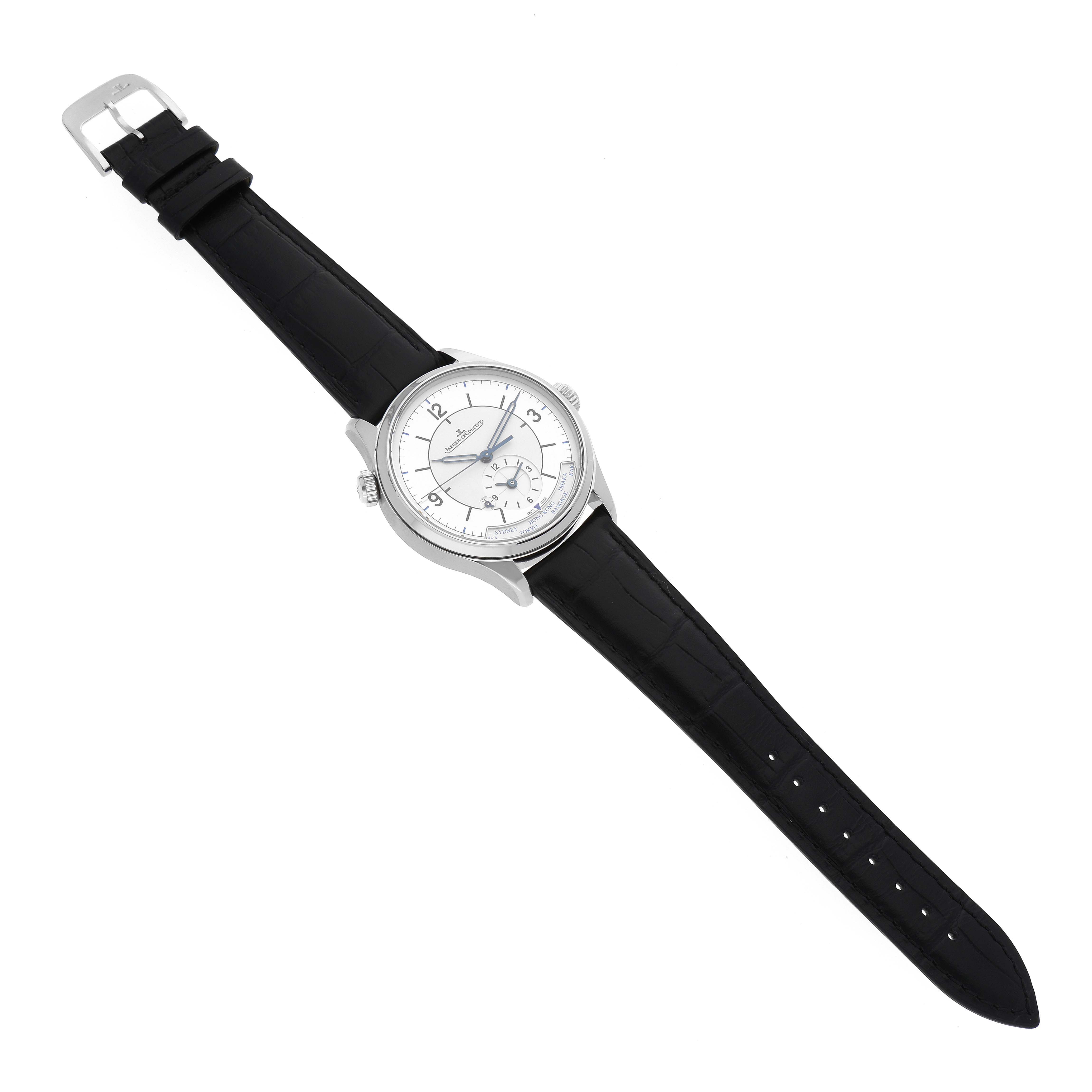 The image shows a Jaeger-LeCoultre Master model watch, viewed from a top-down angle, displaying its dial, case, and strap.