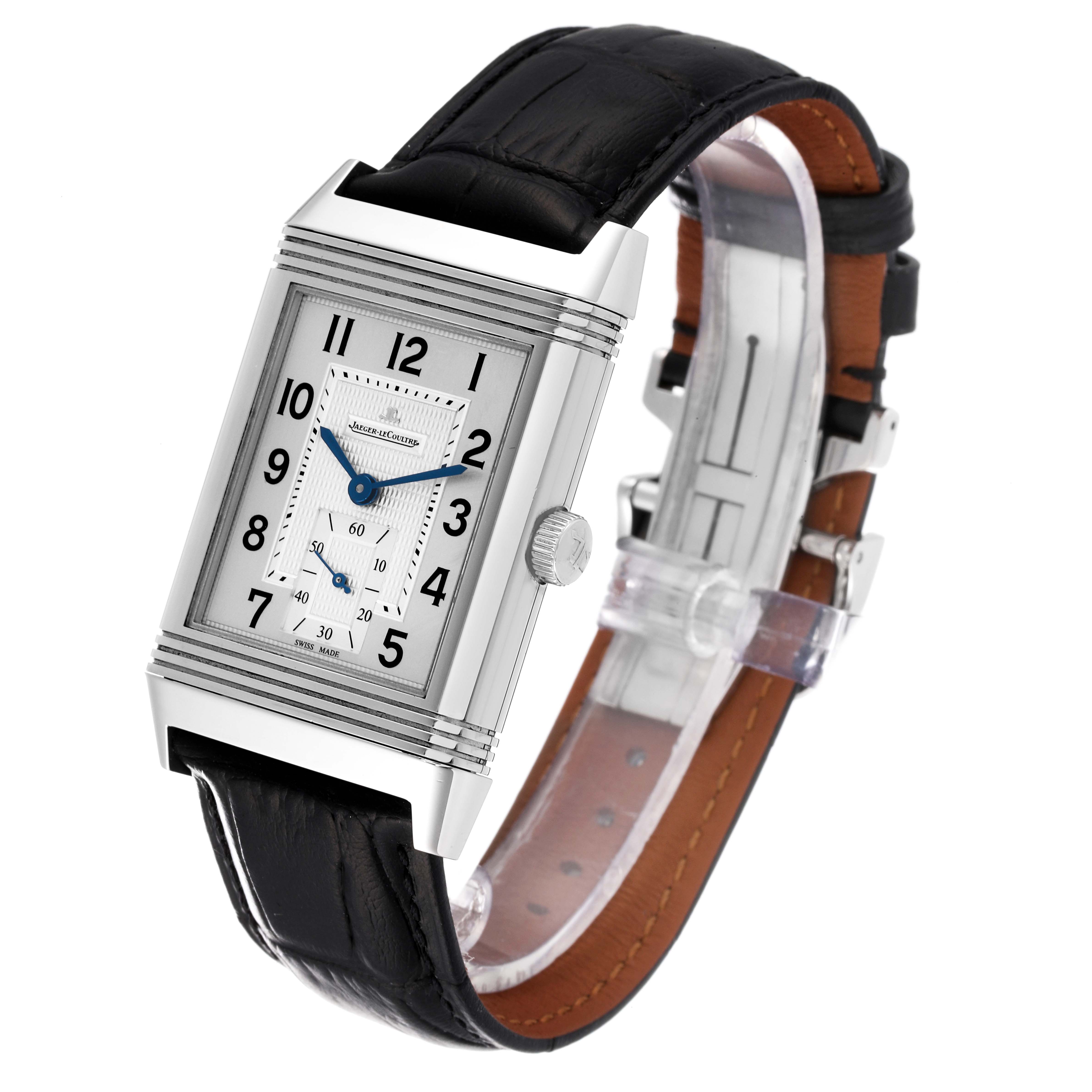 The image shows a frontal angle of the Jaeger LeCoultre Reverso Q3738420 Men's Stainless Steel Silver Dial Q3738420 Men's Stainless Steel Silver Dial watch, highlighting its face, straps, and crown.