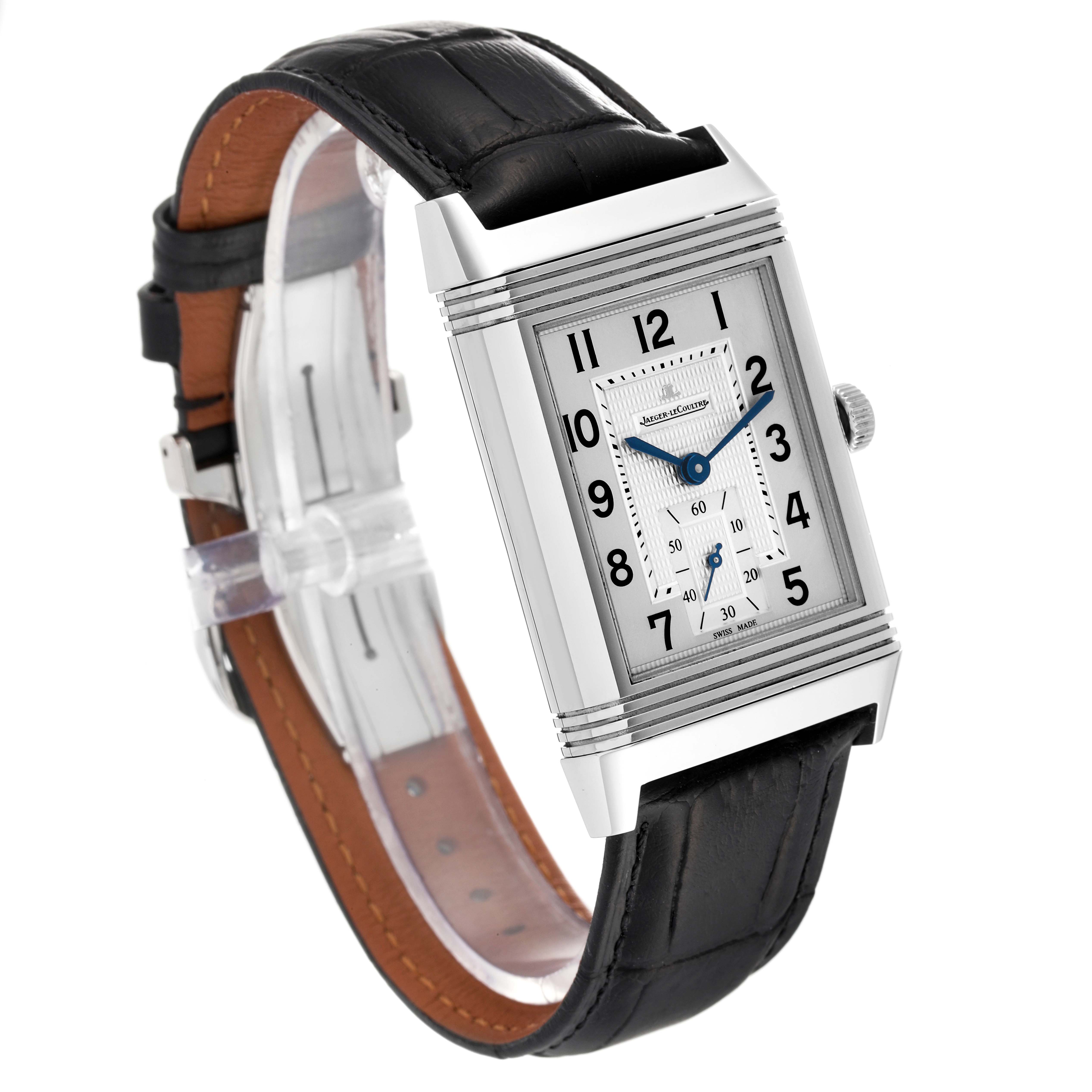 The Jaeger LeCoultre Reverso Q3738420 Men's Stainless Steel Silver Dial Q3738420 Men's Stainless Steel Silver Dial watch is shown at a slight side angle, displaying its rectangular face and black leather strap.