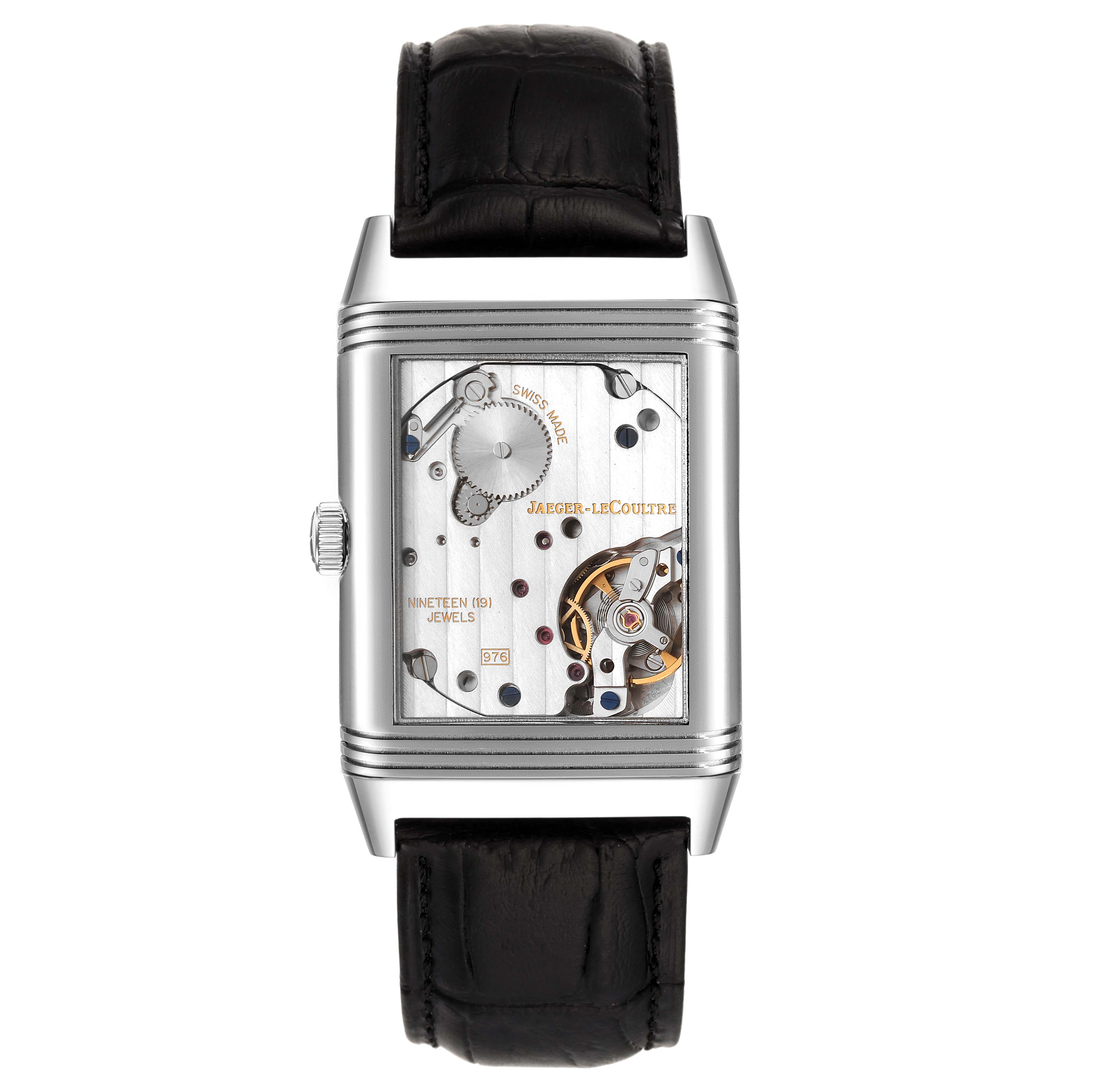 The image shows the back view of the Jaeger LeCoultre Reverso Q3738420 Men's Stainless Steel Silver Dial Q3738420 Men's Stainless Steel Silver Dial watch, displaying its mechanical movement.