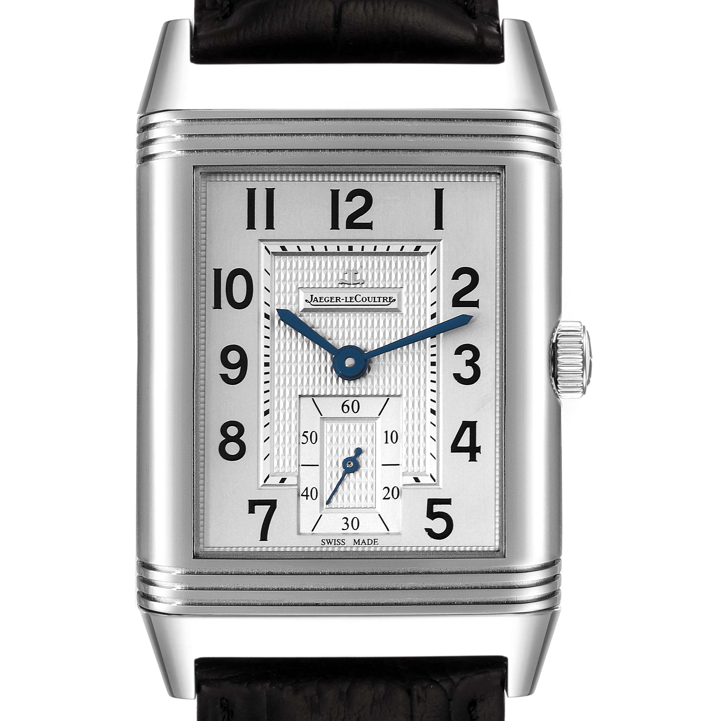 This image shows a front view of a Jaeger-LeCoultre Reverso watch, highlighting the dial, numerals, and case.