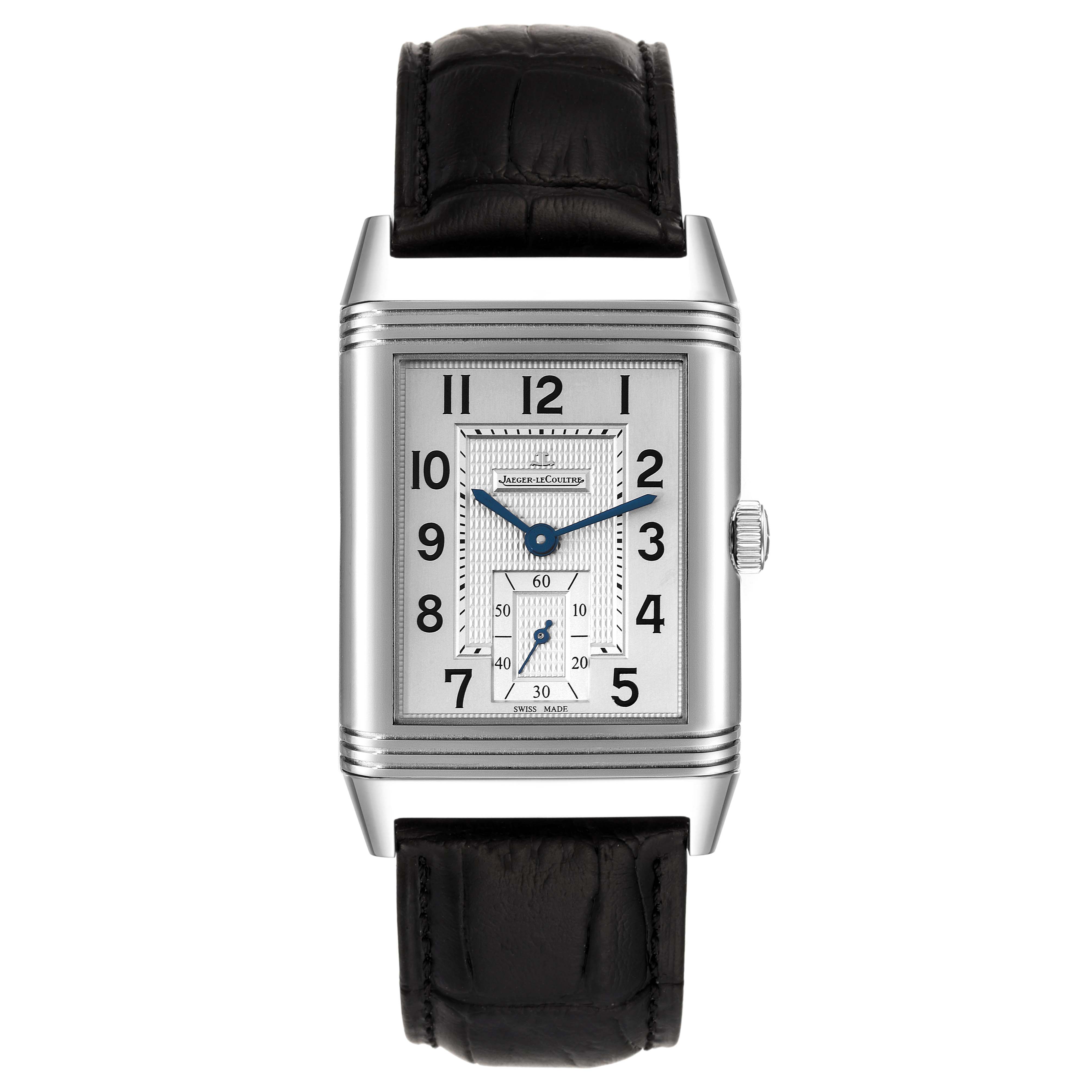 This image shows a front view of the Jaeger-LeCoultre Reverso watch, showcasing its rectangular dial and black leather strap.