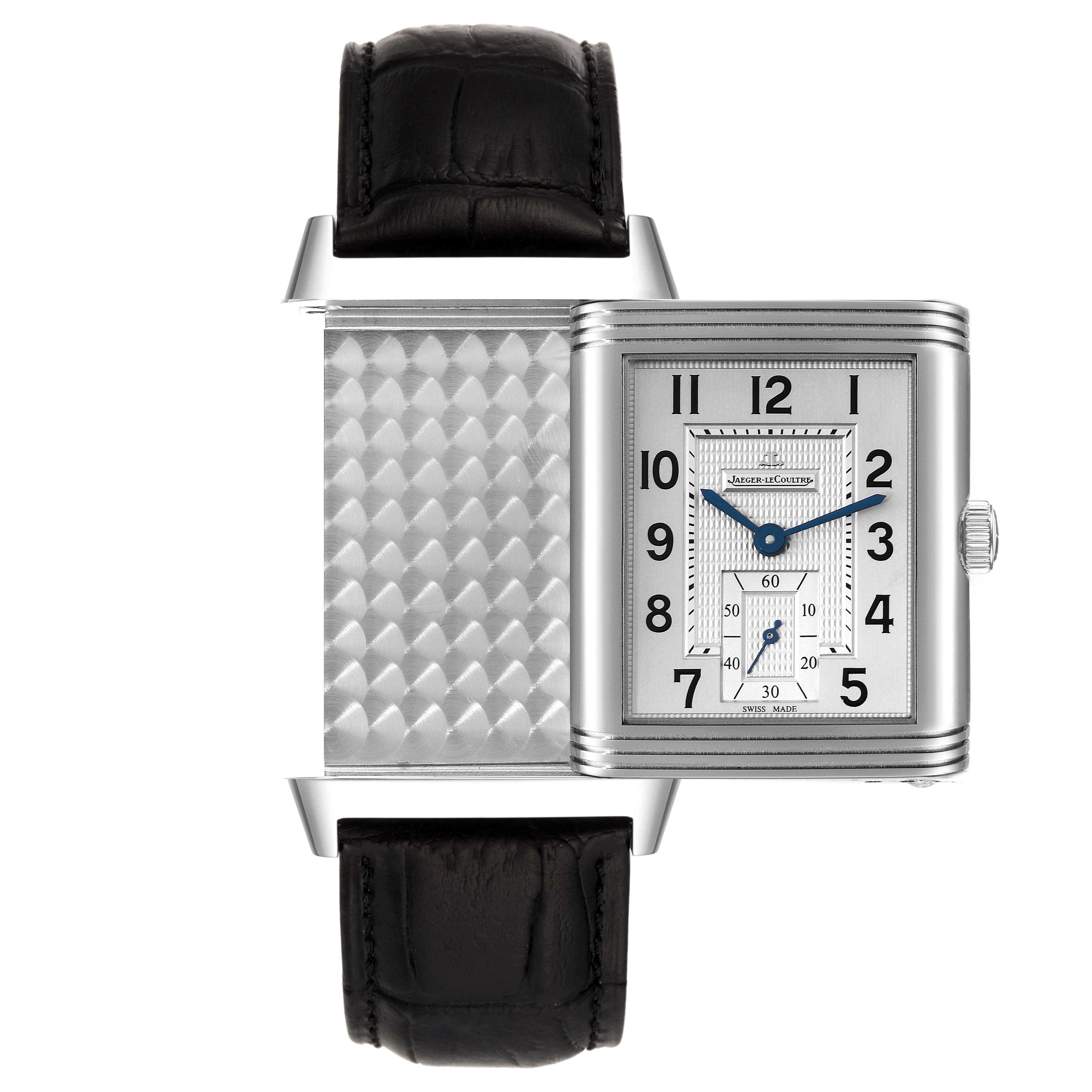 The Jaeger LeCoultre Reverso Q3738420 Men's Stainless Steel Silver Dial Q3738420 Men's Stainless Steel Silver Dial watch is shown partially rotated, displaying both its face and the back.