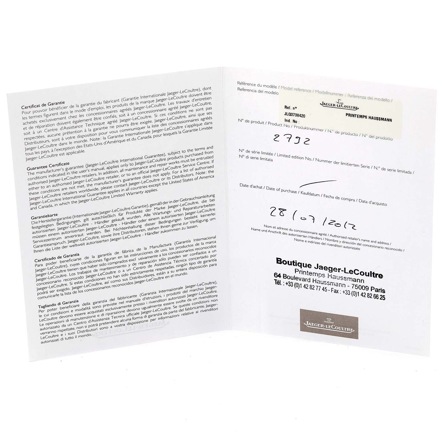 The image shows an open guarantee certificate booklet for the Jaeger-LeCoultre Reverso watch model.