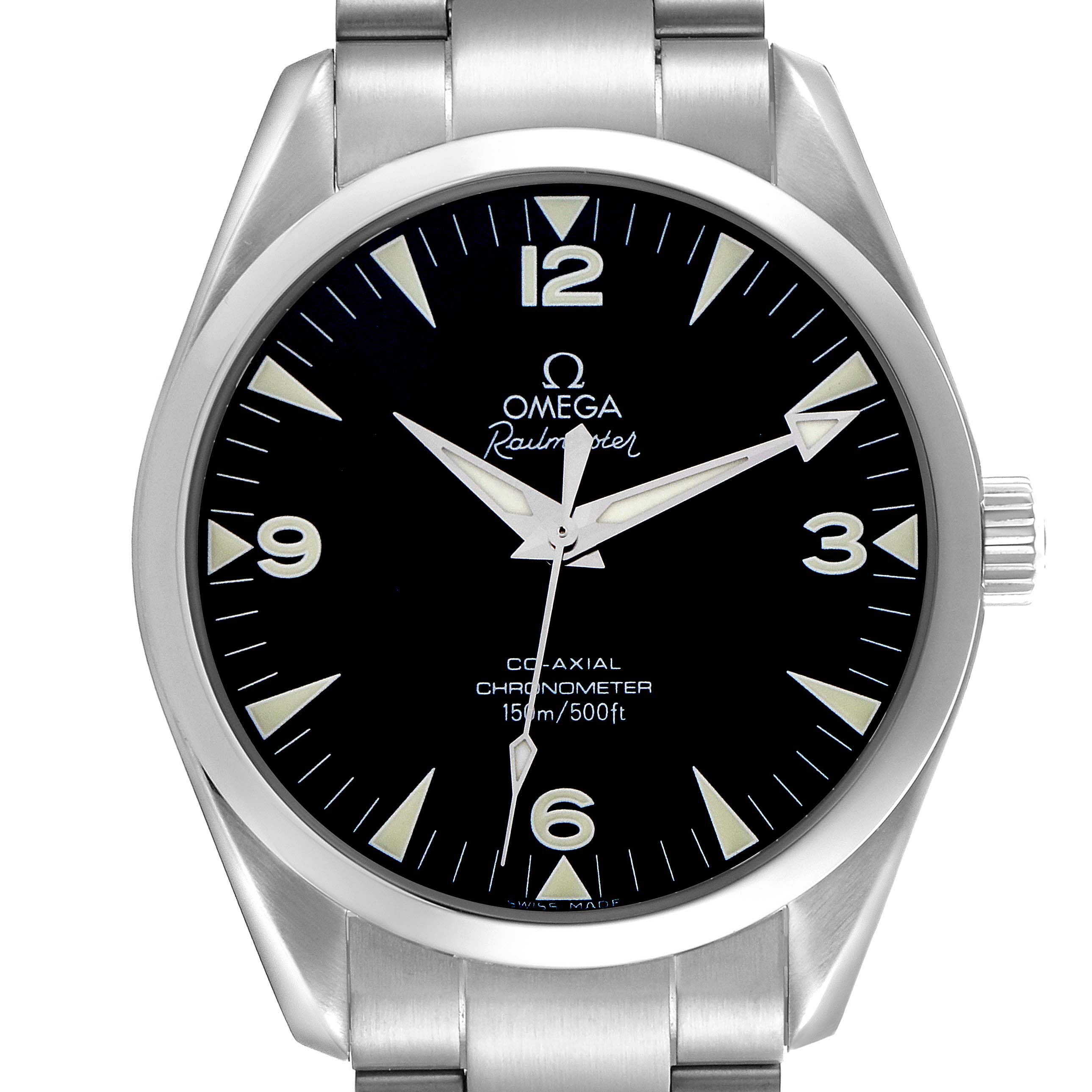 The Omega Aqua Terra 2503.52.00 Men's Stainless Steel Black Dial 2503.52.00 Men's Stainless Steel Black Dial watch is shown from the front, displaying its dial, hands, indices, and part of the bracelet.