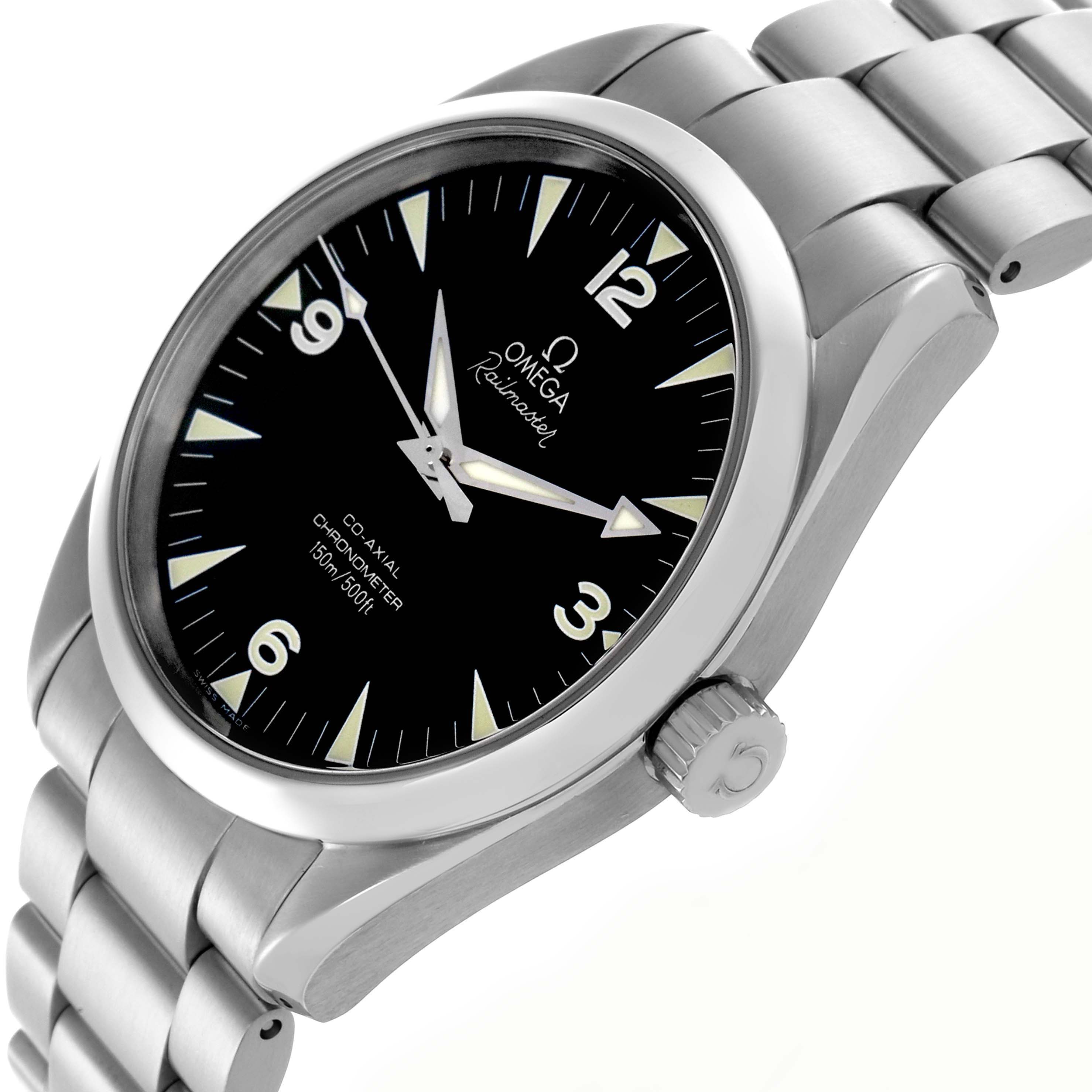The Omega Aqua Terra 2503.52.00 Men's Stainless Steel Black Dial 2503.52.00 Men's Stainless Steel Black Dial watch is shown from a three-quarter angle, highlighting the dial, bezel, crown, and metal bracelet.