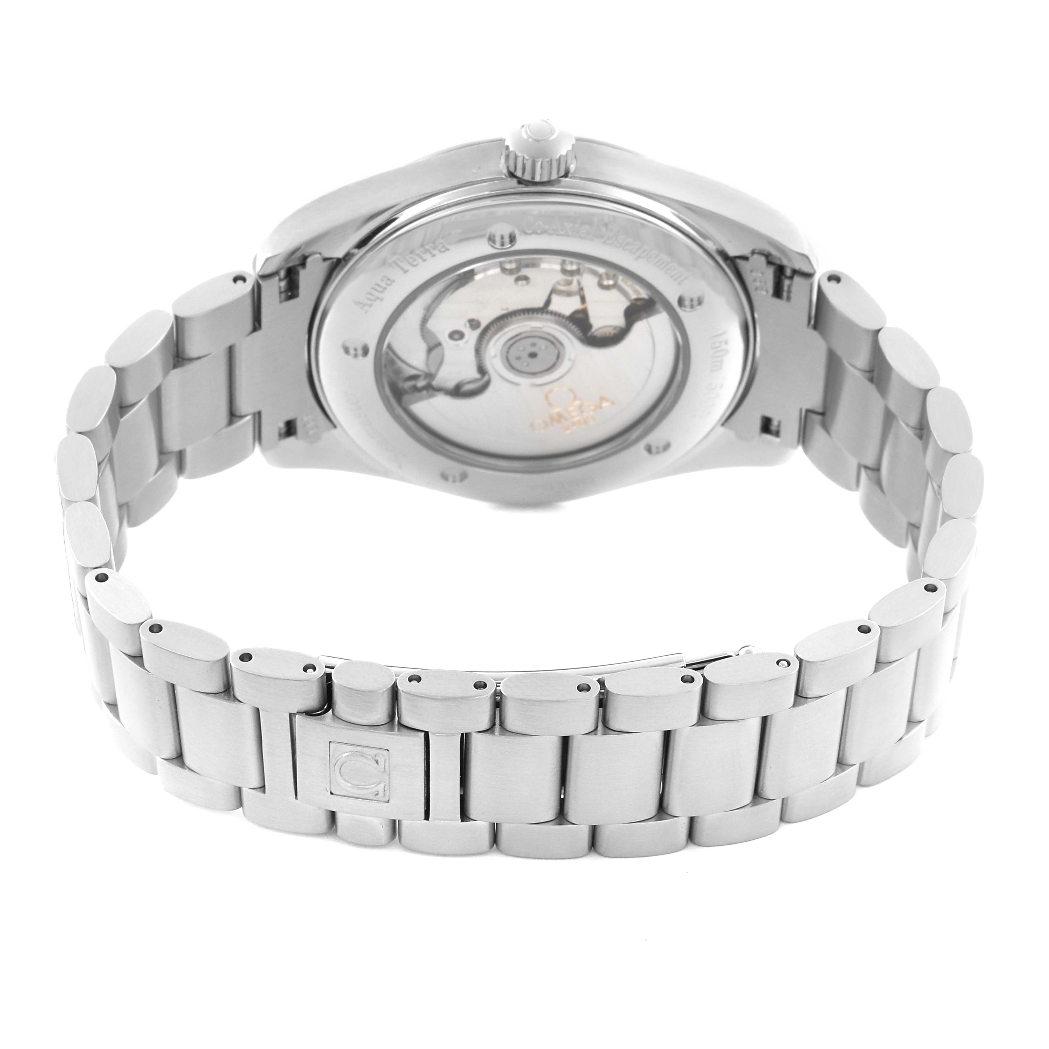 The Omega Aqua Terra 2503.52.00 Men's Stainless Steel Black Dial 2503.52.00 Men's Stainless Steel Black Dial watch is shown from the back, displaying its transparent case back and metal bracelet.