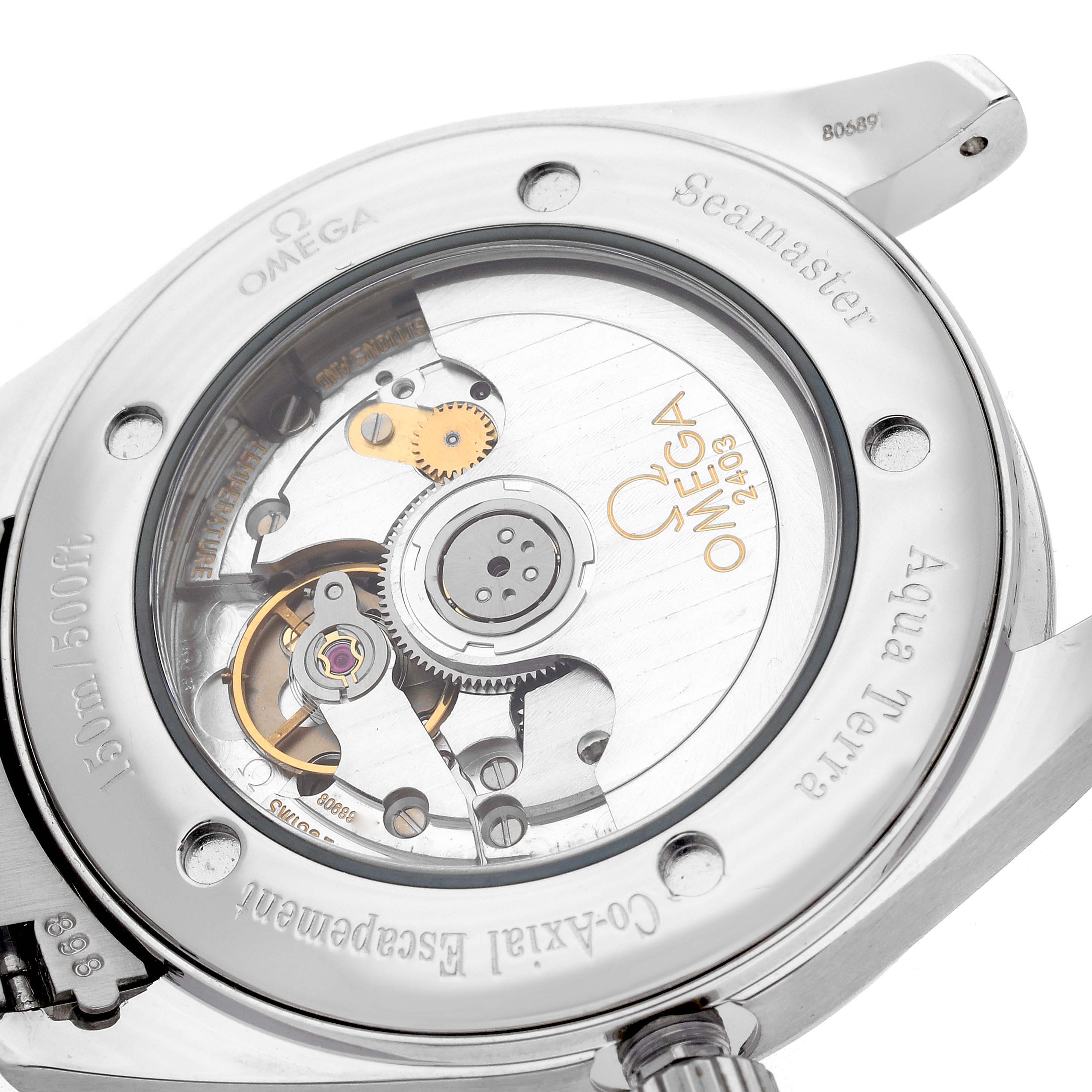 The Omega Aqua Terra 2503.52.00 Men's Stainless Steel Black Dial 2503.52.00 Men's Stainless Steel Black Dial watch is shown from the back, highlighting its movement and transparent case back.