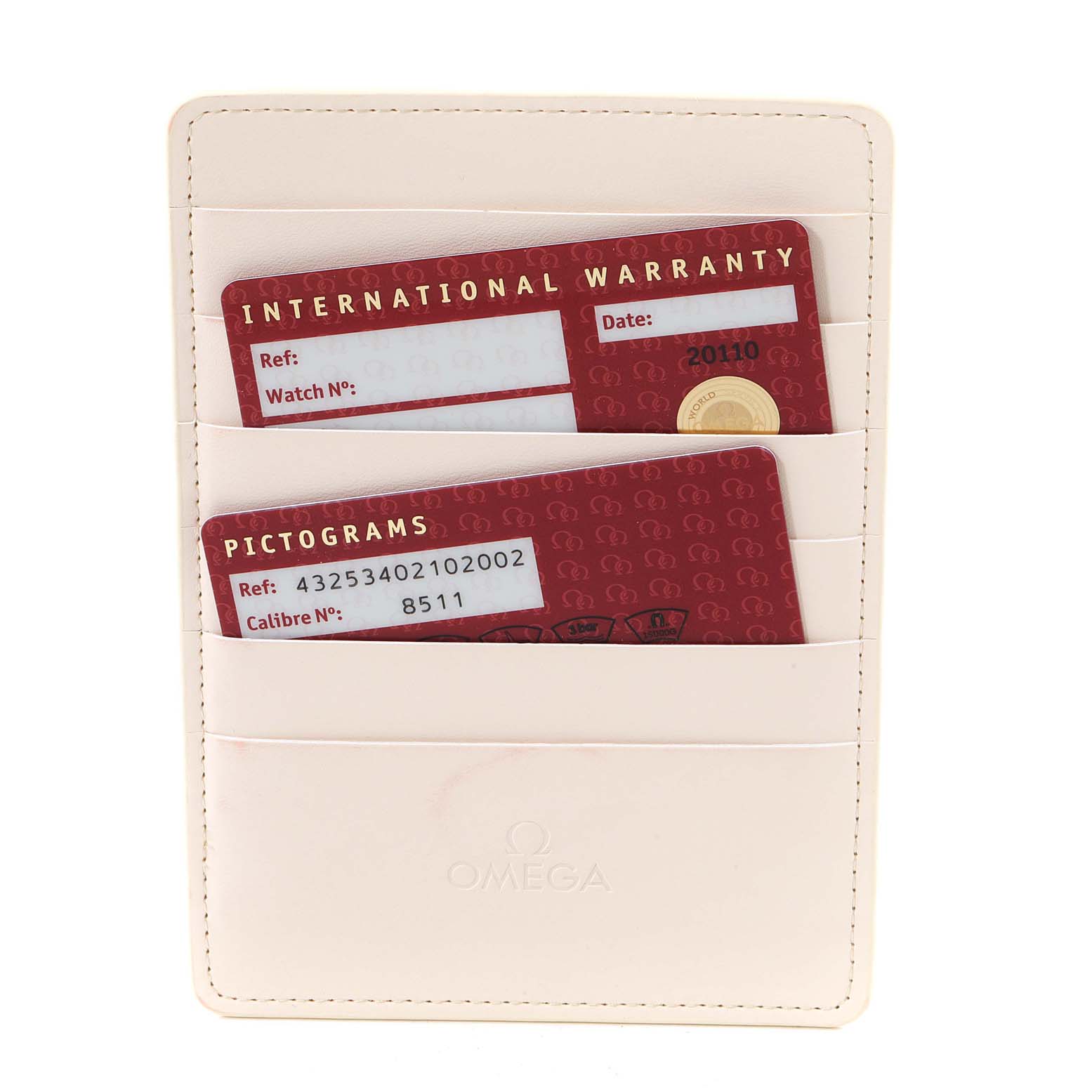 This image shows an Omega De Ville 432.53.40.21.02.002 Men's Rose Gold Silver Dial 432.53.40.21.02.002 Men's Rose Gold Silver Dial watch’s international warranty card and pictogram card in a white leather card holder from a straight-on angle.