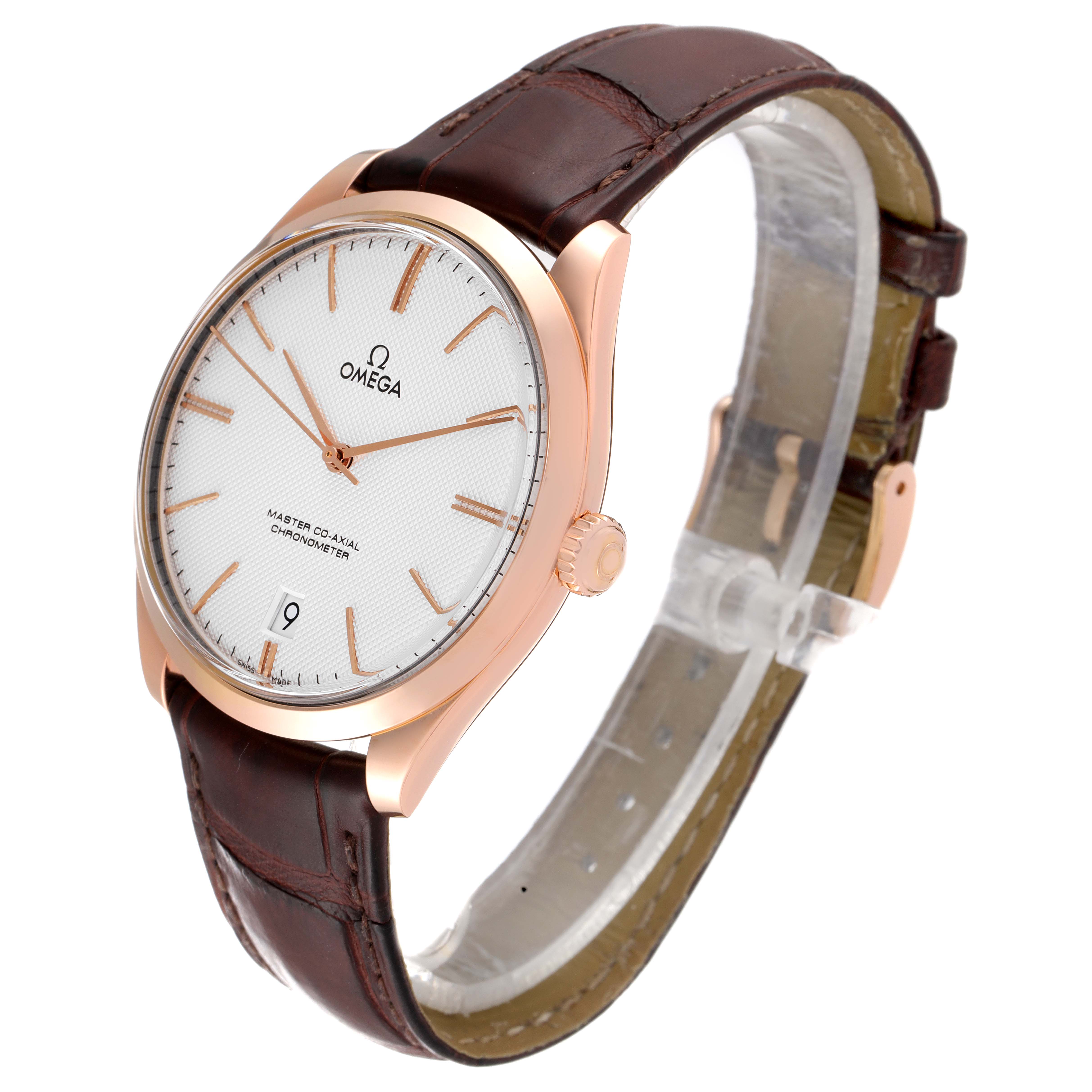 The image shows a side angle of the Omega De Ville 432.53.40.21.02.002 Men's Rose Gold Silver Dial 432.53.40.21.02.002 Men's Rose Gold Silver Dial watch, highlighting its face, crown, and leather strap.