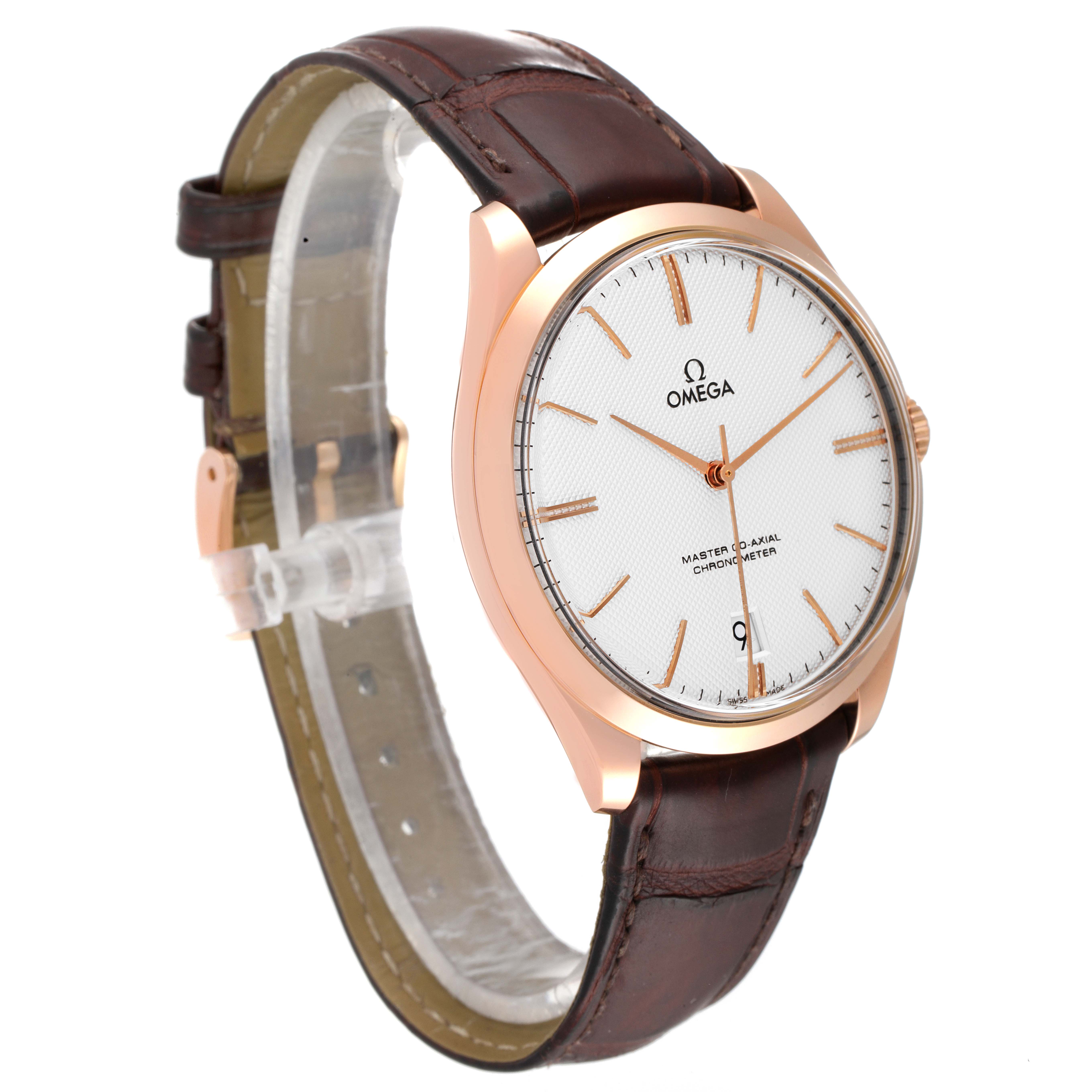 The image shows a three-quarter angle of the Omega De Ville 432.53.40.21.02.002 Men's Rose Gold Silver Dial 432.53.40.21.02.002 Men's Rose Gold Silver Dial watch, highlighting its face, case, and leather strap.