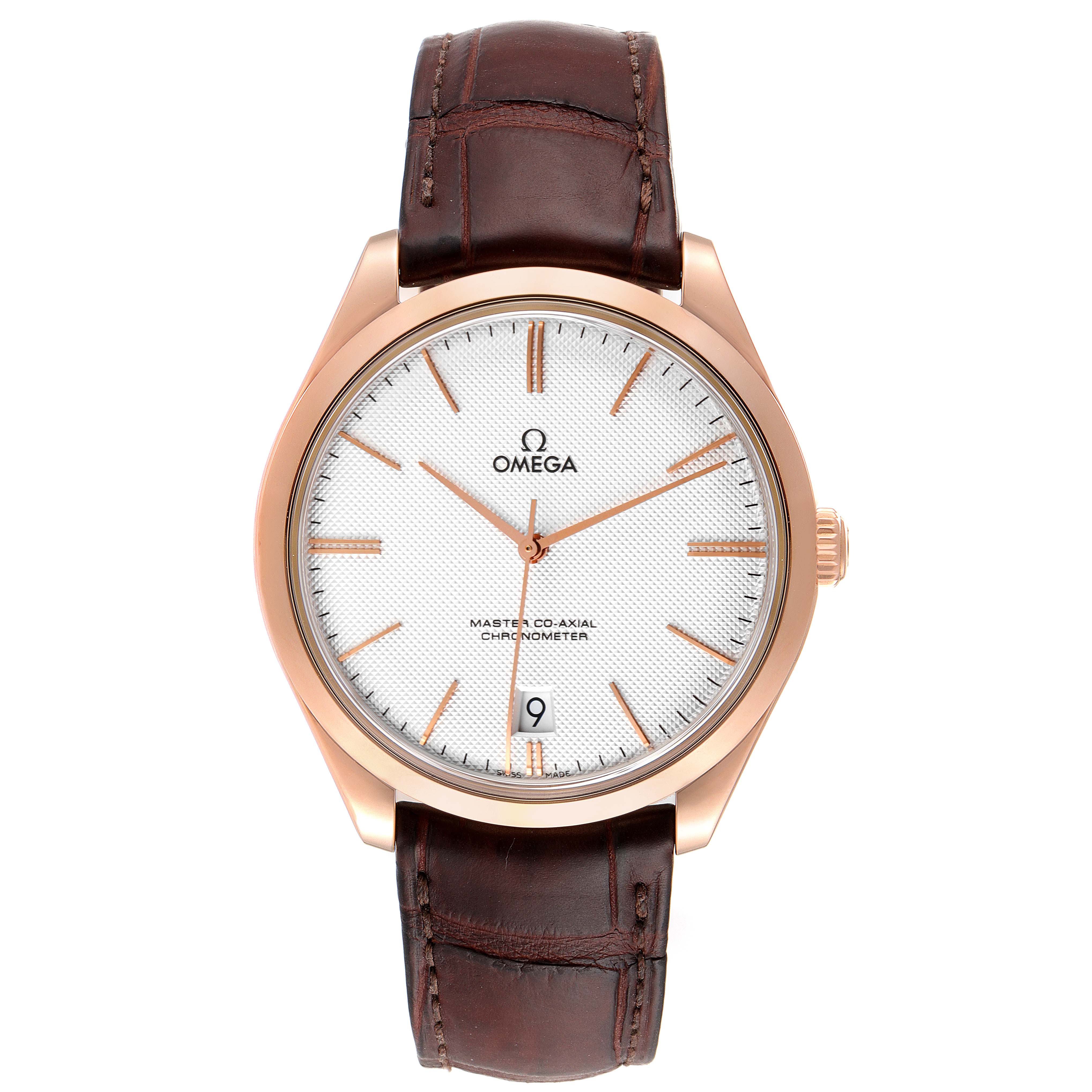 The image shows a frontal view of the Omega De Ville 432.53.40.21.02.002 Men's Rose Gold Silver Dial 432.53.40.21.02.002 Men's Rose Gold Silver Dial watch, highlighting the dial, hands, markers, and leather strap.