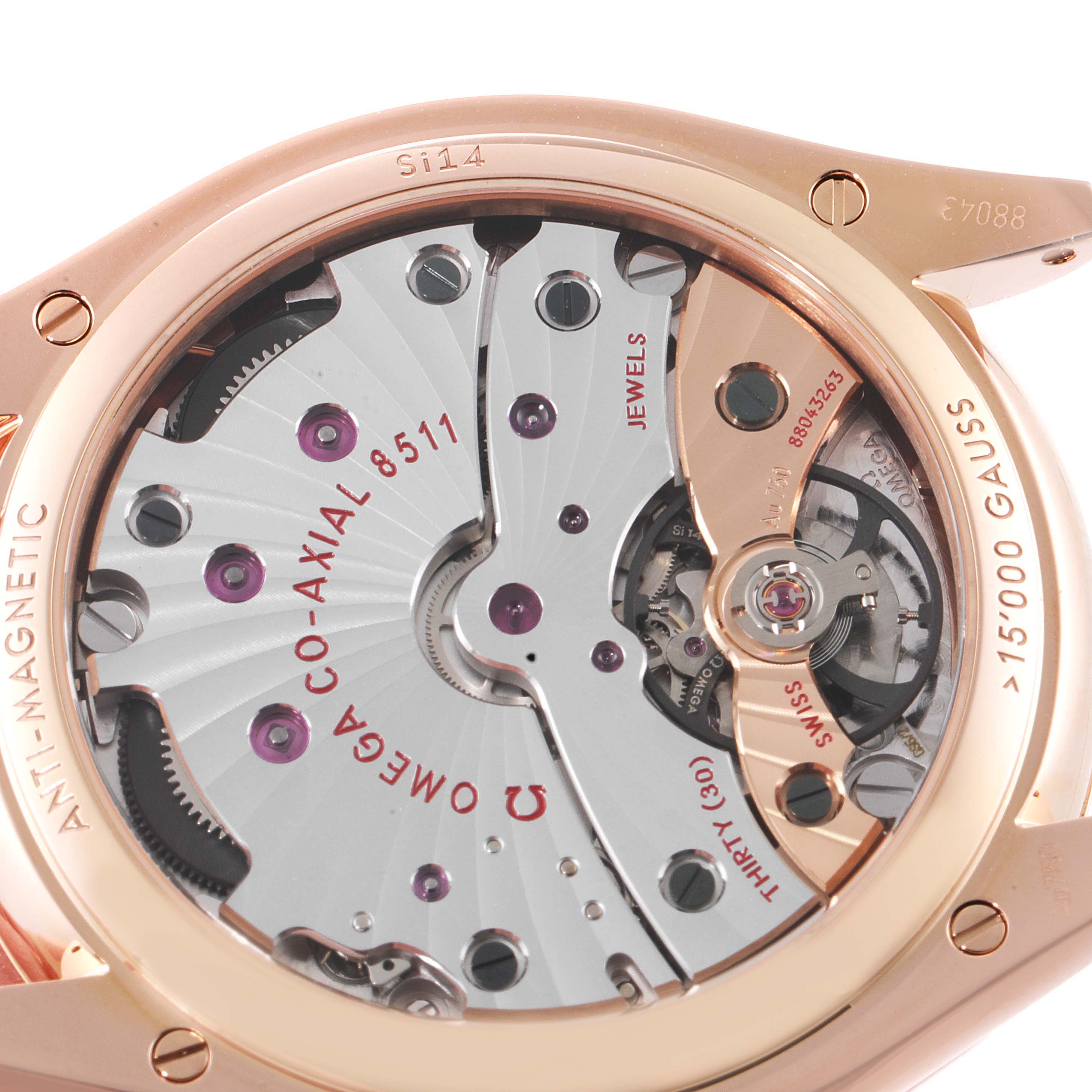 The image shows the back of an Omega De Ville 432.53.40.21.02.002 Men's Rose Gold Silver Dial 432.53.40.21.02.002 Men's Rose Gold Silver Dial watch, focusing on the inner mechanical movement and chronograph details.