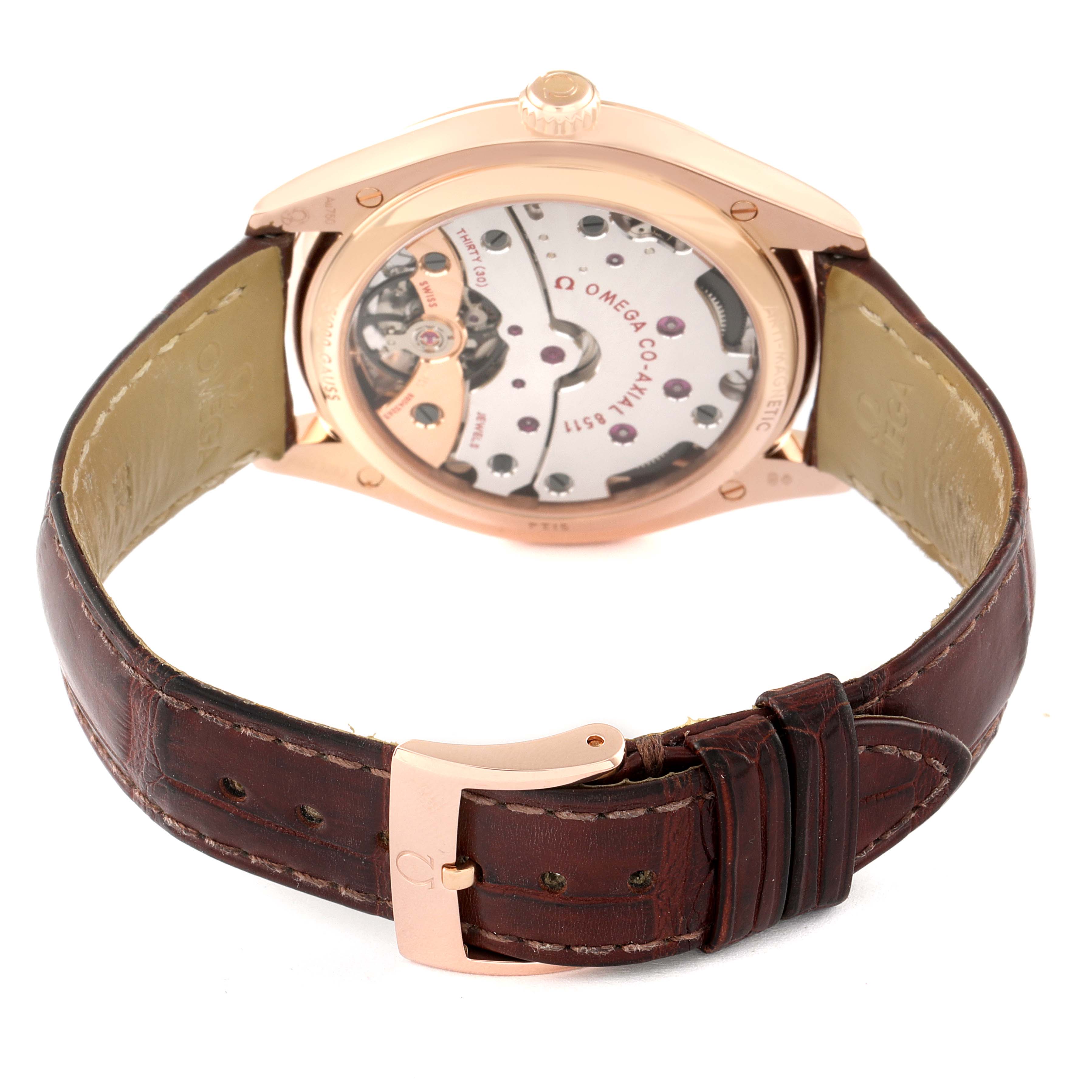 The image shows the back view of an Omega De Ville 432.53.40.21.02.002 Men's Rose Gold Silver Dial 432.53.40.21.02.002 Men's Rose Gold Silver Dial watch, highlighting its open case back and internal mechanism, along with the brown leather strap and buckle.