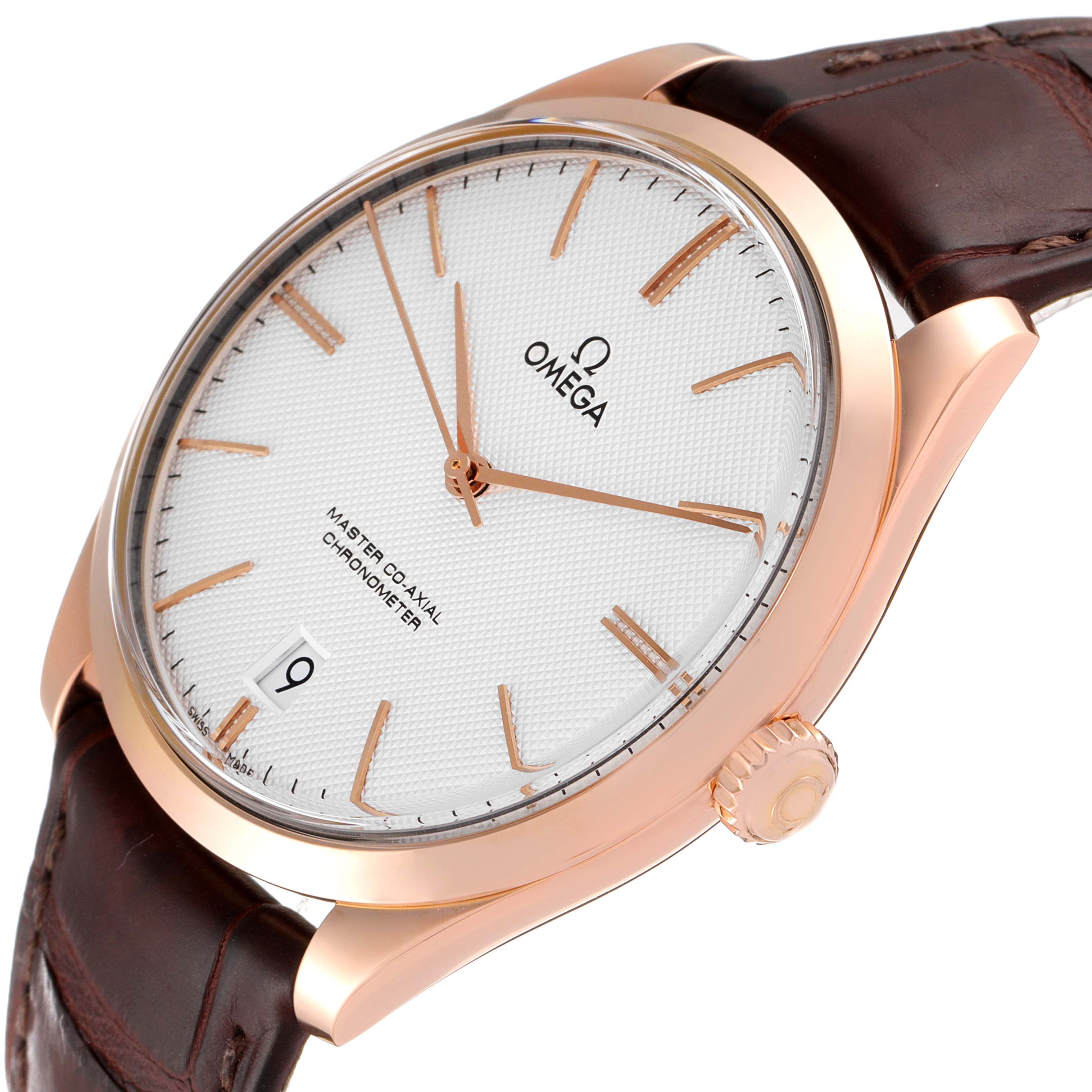 The image shows an angled view of an Omega De Ville 432.53.40.21.02.002 Men's Rose Gold Silver Dial 432.53.40.21.02.002 Men's Rose Gold Silver Dial watch, highlighting the face, casing, and part of the leather strap.