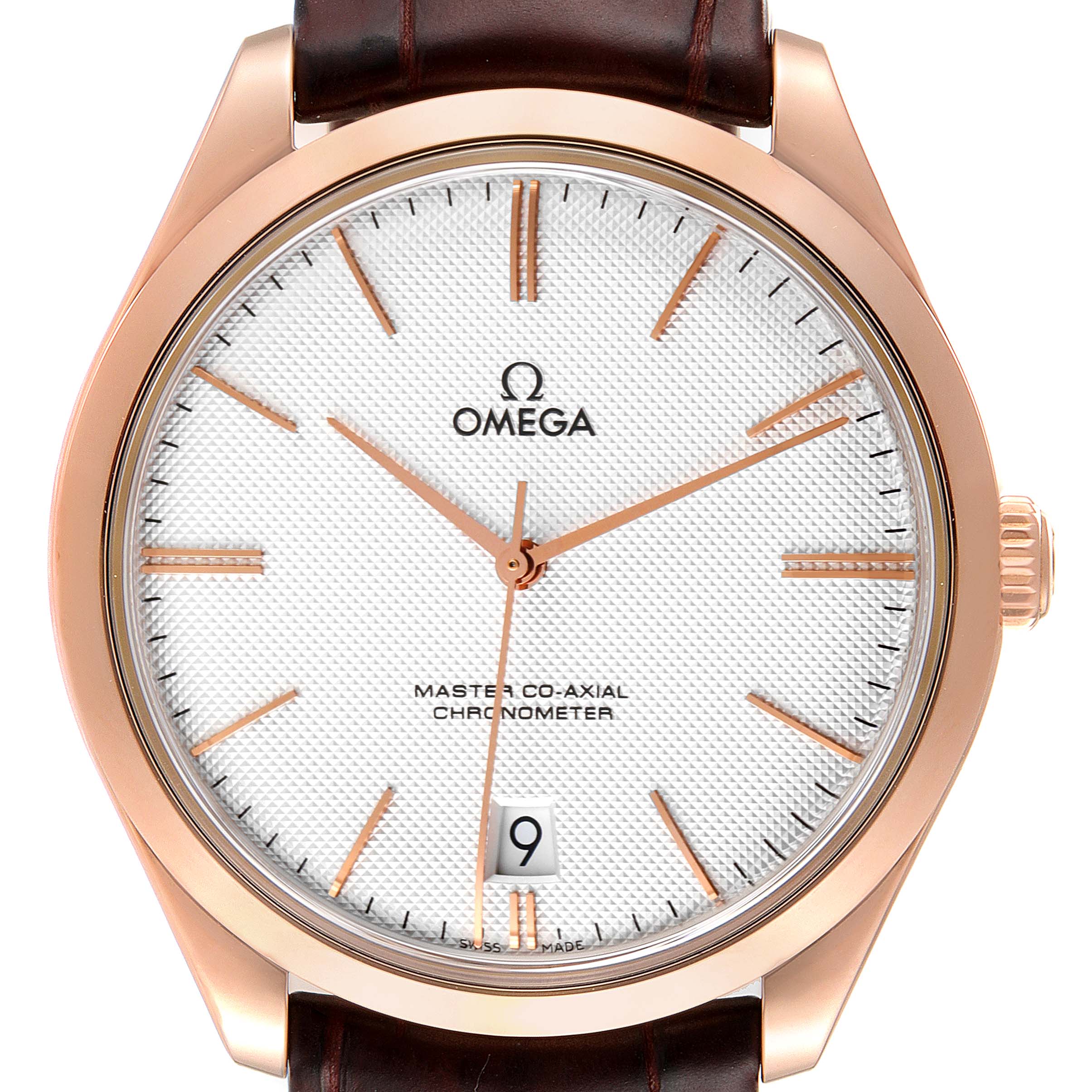 This image shows a frontal view of the Omega De Ville 432.53.40.21.02.002 Men's Rose Gold Silver Dial 432.53.40.21.02.002 Men's Rose Gold Silver Dial watch, featuring a white dial and rose gold case.