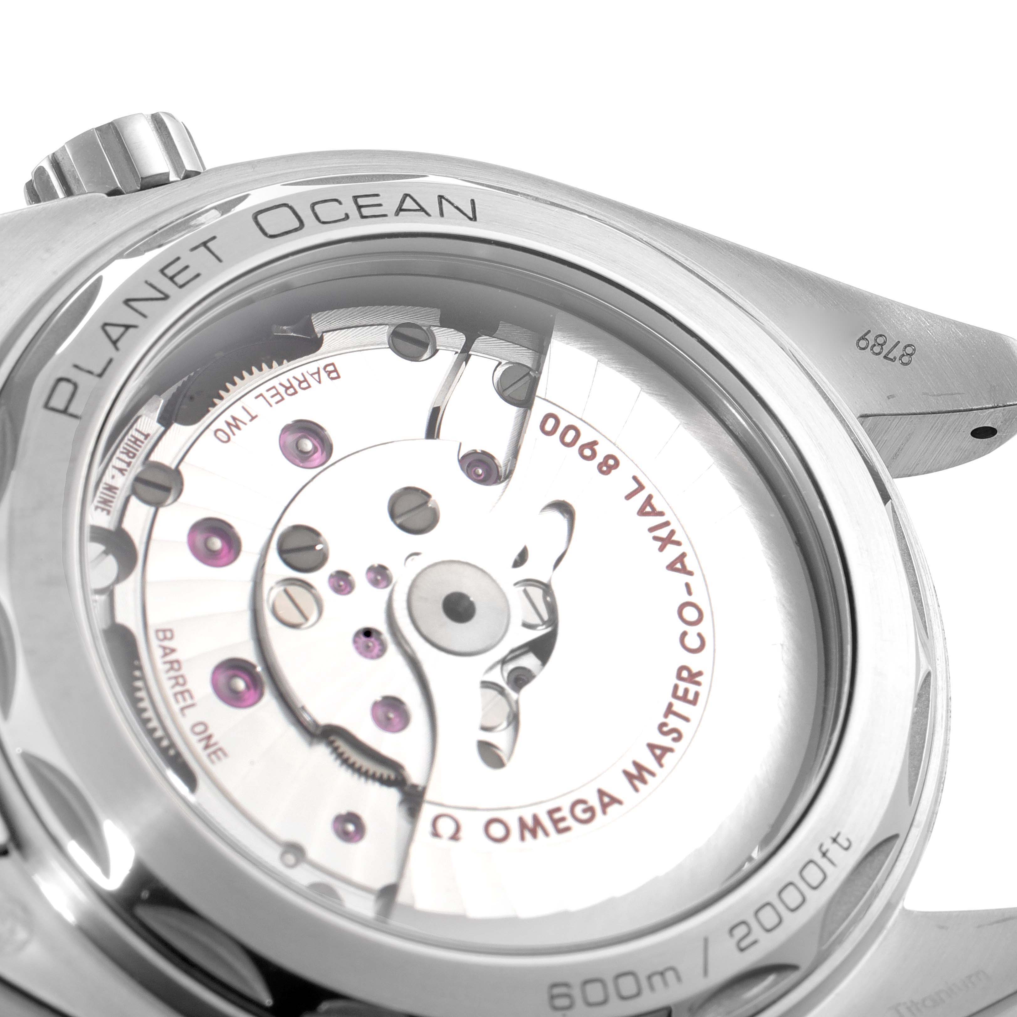 This image depicts the backside of an Omega Planet Ocean 215.90.44.21.99.001 Men's Titanium Grey Dial 215.90.44.21.99.001 Men's Titanium Grey Dial watch, showcasing the internal movement and the transparent case back.
