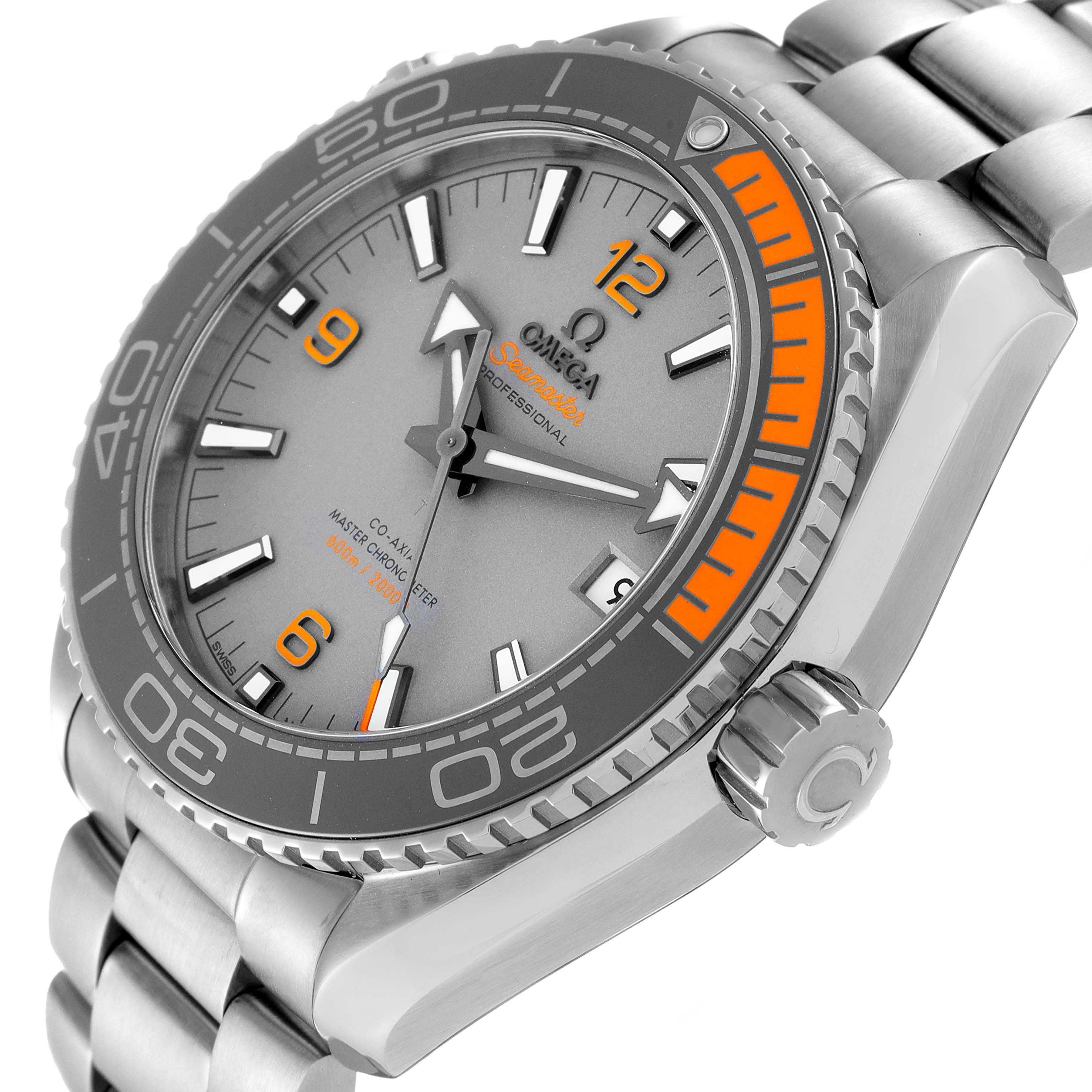 This image shows an angled close-up of the Omega Planet Ocean 215.90.44.21.99.001 Men's Titanium Grey Dial 215.90.44.21.99.001 Men's Titanium Grey Dial watch, highlighting its dial, bezel, and bracelet.