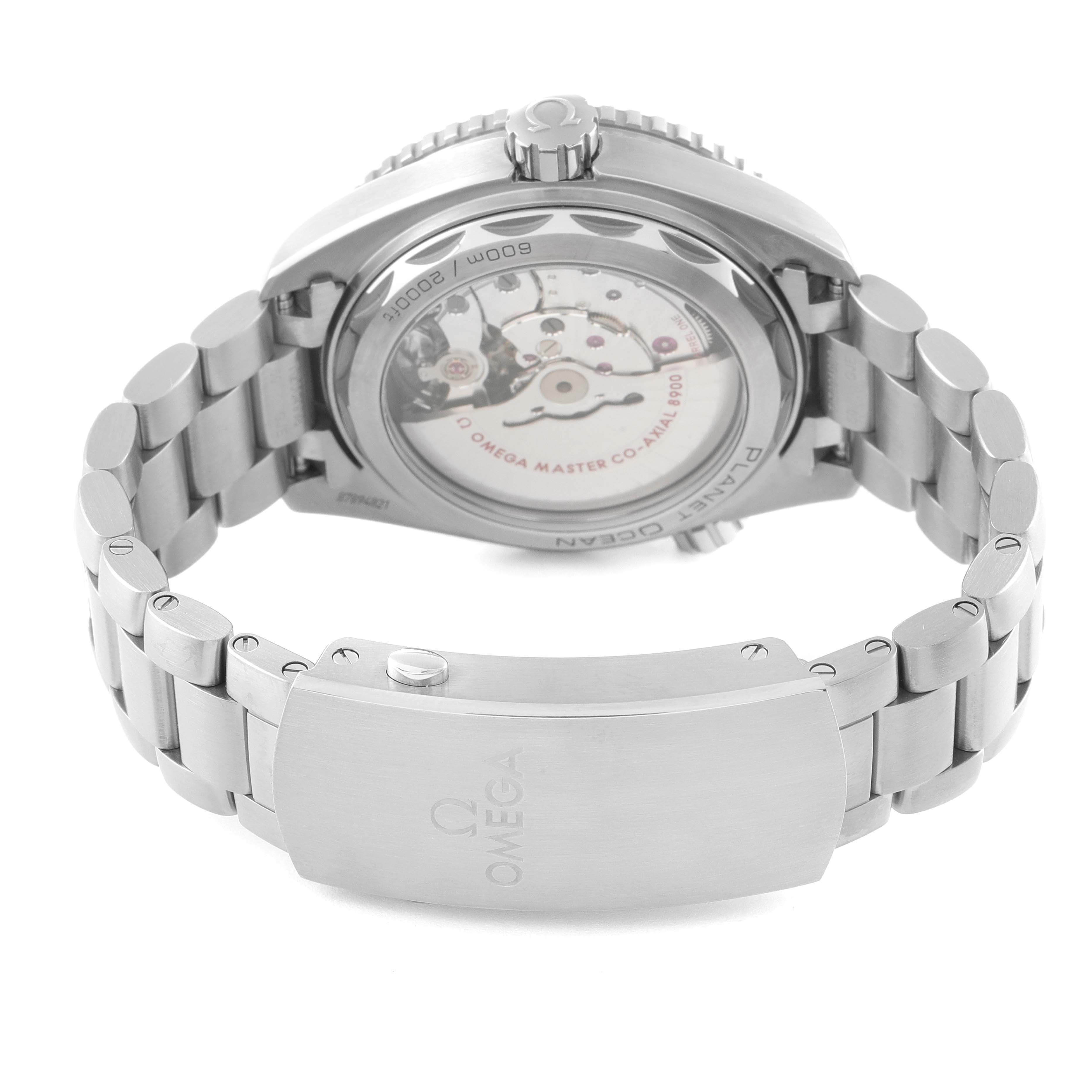 The image shows the back view of an Omega Planet Ocean 215.90.44.21.99.001 Men's Titanium Grey Dial 215.90.44.21.99.001 Men's Titanium Grey Dial watch, highlighting its bracelet and transparent case back.