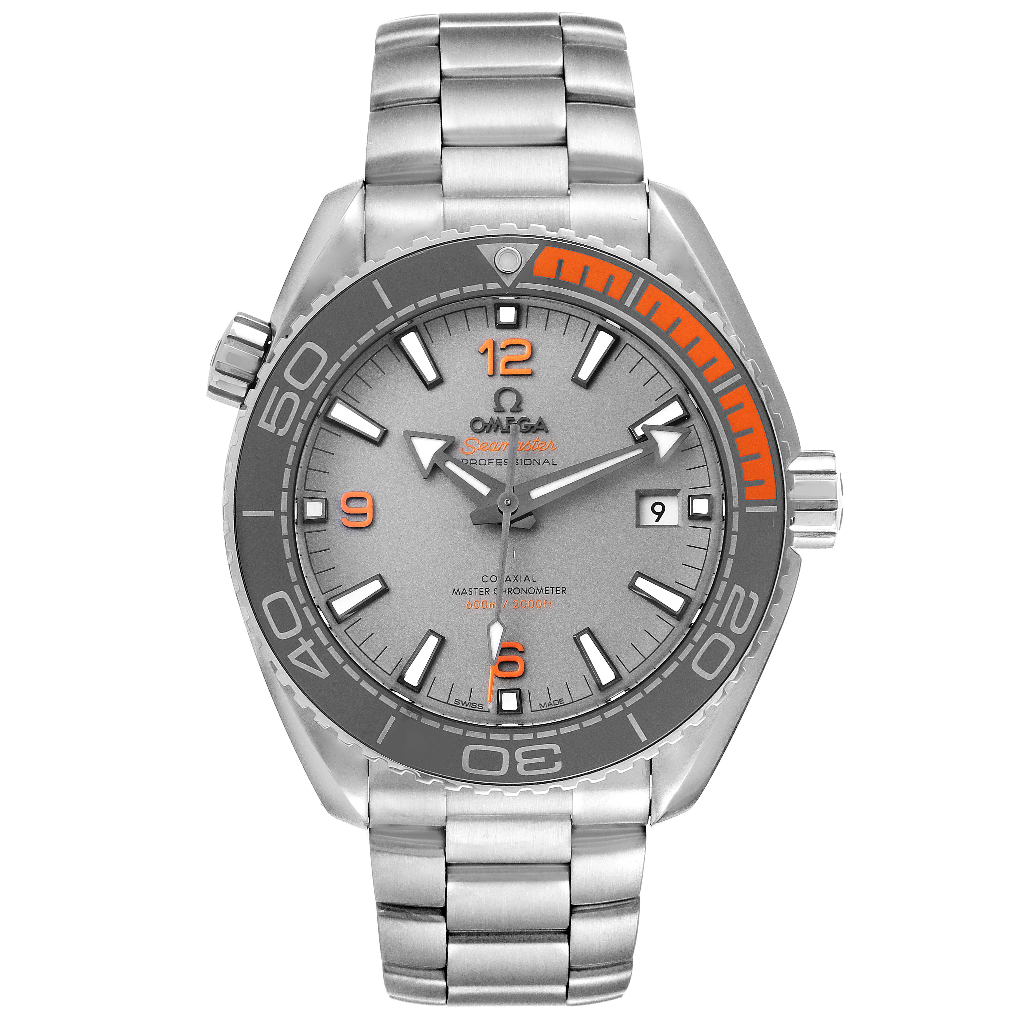 The Omega Planet Ocean 215.90.44.21.99.001 Men's Titanium Grey Dial 215.90.44.21.99.001 Men's Titanium Grey Dial model watch is shown from a front angle, displaying its dial, bezel, hands, and bracelet.