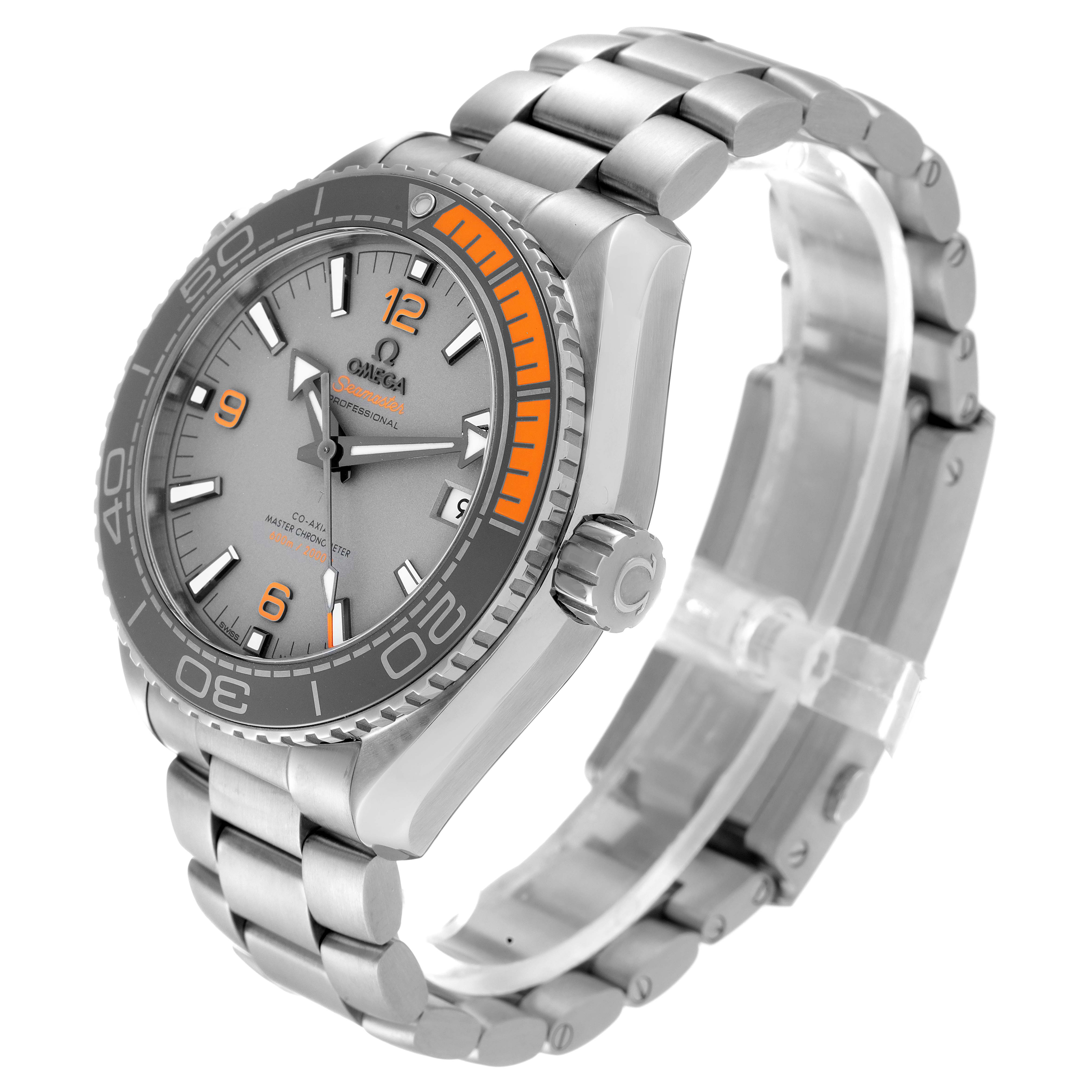 The Omega Planet Ocean 215.90.44.21.99.001 Men's Titanium Grey Dial 215.90.44.21.99.001 Men's Titanium Grey Dial watch is shown at an angle highlighting the face, bezel, crown, and bracelet.