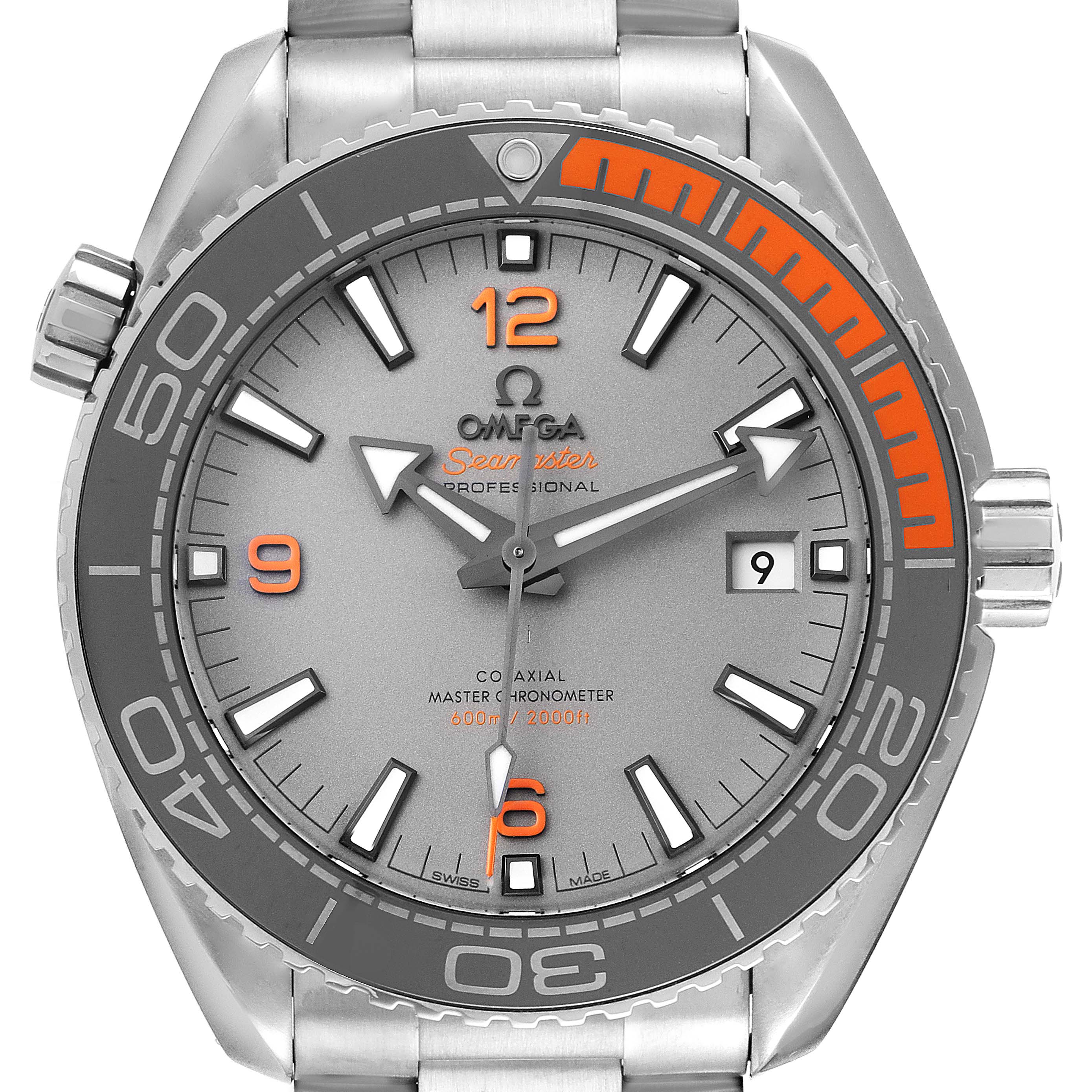 The image shows a front view of an Omega Planet Ocean 215.90.44.21.99.001 Men's Titanium Grey Dial 215.90.44.21.99.001 Men's Titanium Grey Dial watch, highlighting the dial, bezel, and part of the bracelet.