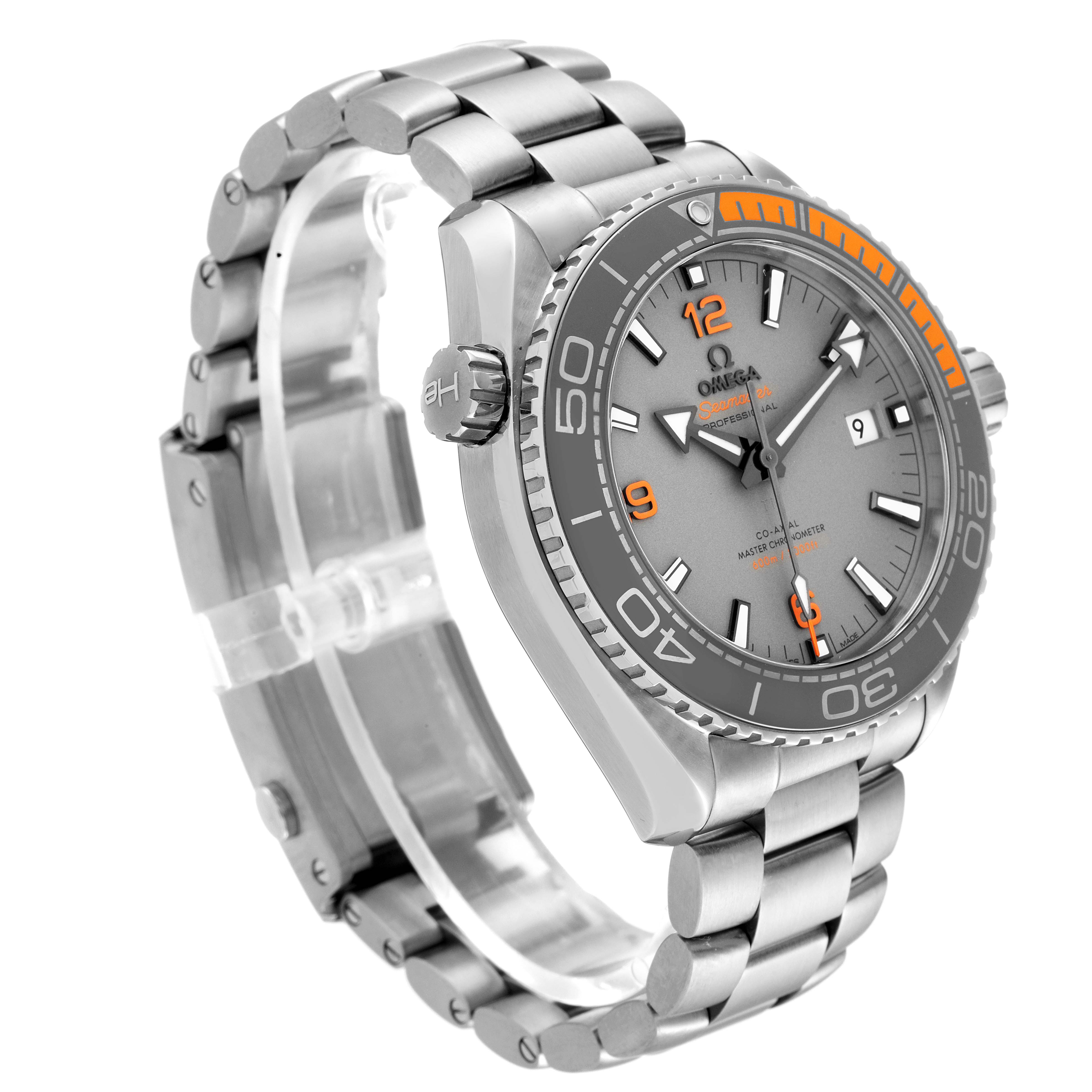 The Omega Planet Ocean 215.90.44.21.99.001 Men's Titanium Grey Dial 215.90.44.21.99.001 Men's Titanium Grey Dial watch is shown at a three-quarter angle displaying its face, bezel, crown, and bracelet.