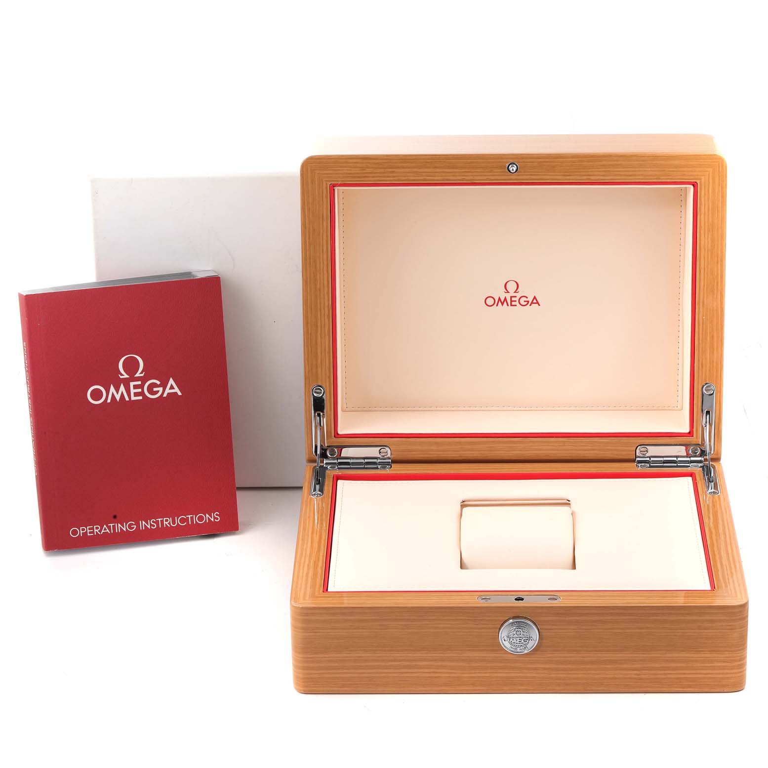 The image shows the open box and the operating instructions for the Omega Planet Ocean 215.90.44.21.99.001 Men's Titanium Grey Dial 215.90.44.21.99.001 Men's Titanium Grey Dial watch.