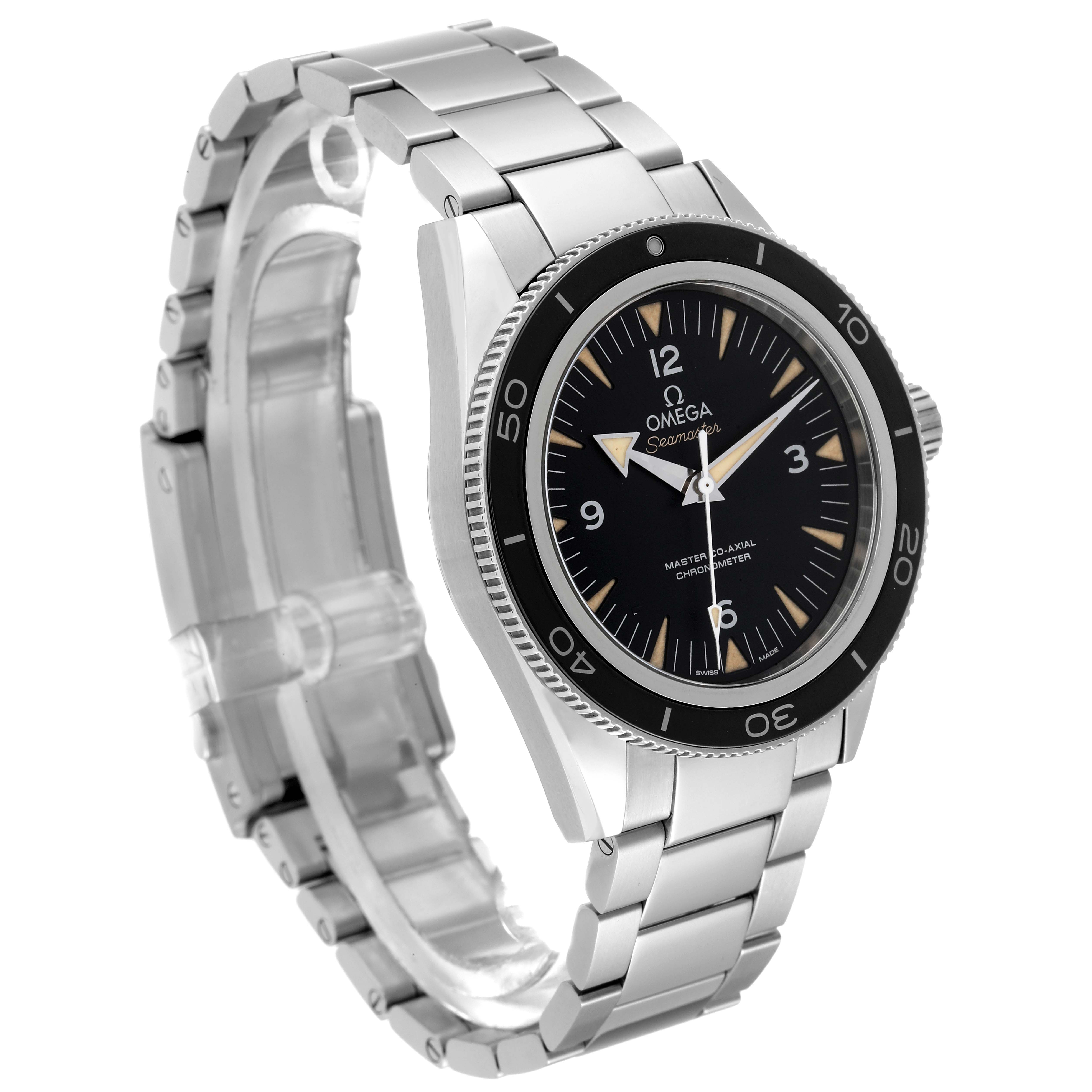 The Omega Seamaster 233.30.41.21.01.001 Men's Stainless Steel Black Dial 233.30.41.21.01.001 Men's Stainless Steel Black Dial watch is shown from a front-left angle, highlighting its stainless steel bracelet and black bezel.