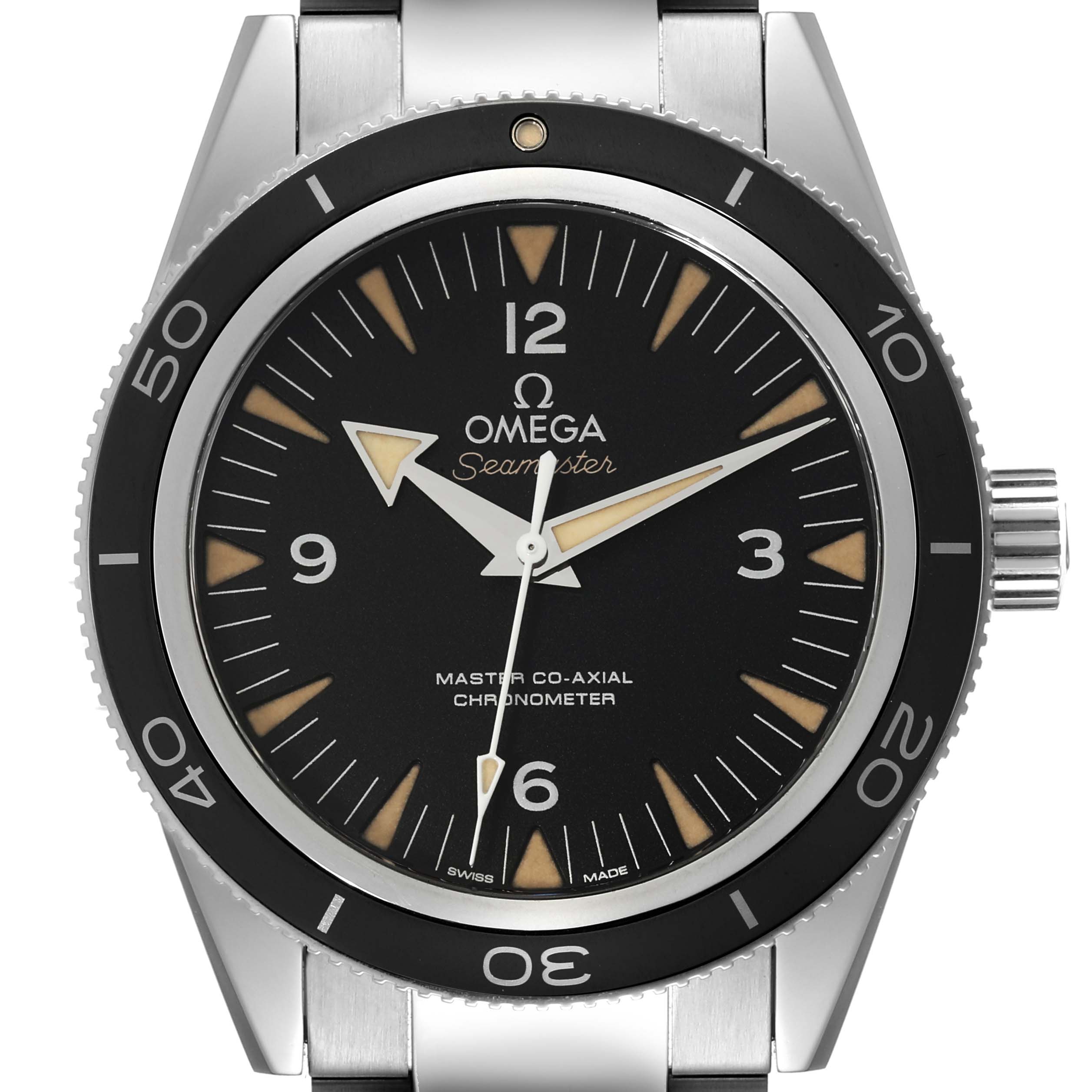 The image shows a front view of the Omega Seamaster 233.30.41.21.01.001 Men's Stainless Steel Black Dial 233.30.41.21.01.001 Men's Stainless Steel Black Dial watch, displaying its black dial, bezel, and part of the stainless steel bracelet.