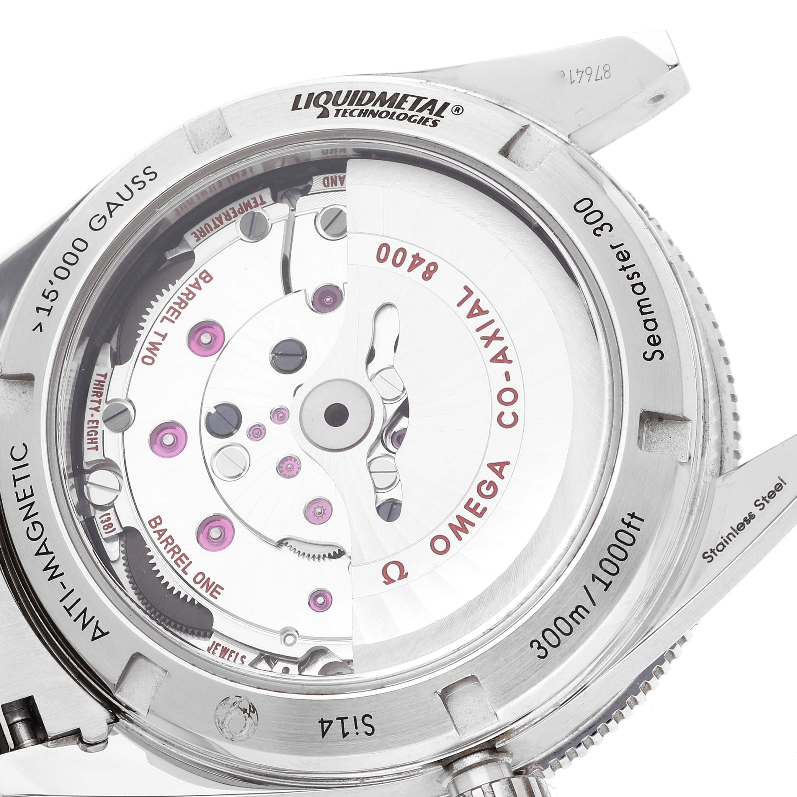 This image shows the back view of the Omega Seamaster 233.30.41.21.01.001 Men's Stainless Steel Black Dial 233.30.41.21.01.001 Men's Stainless Steel Black Dial watch, highlighting the co-axial movement and Liquidmetal technology.