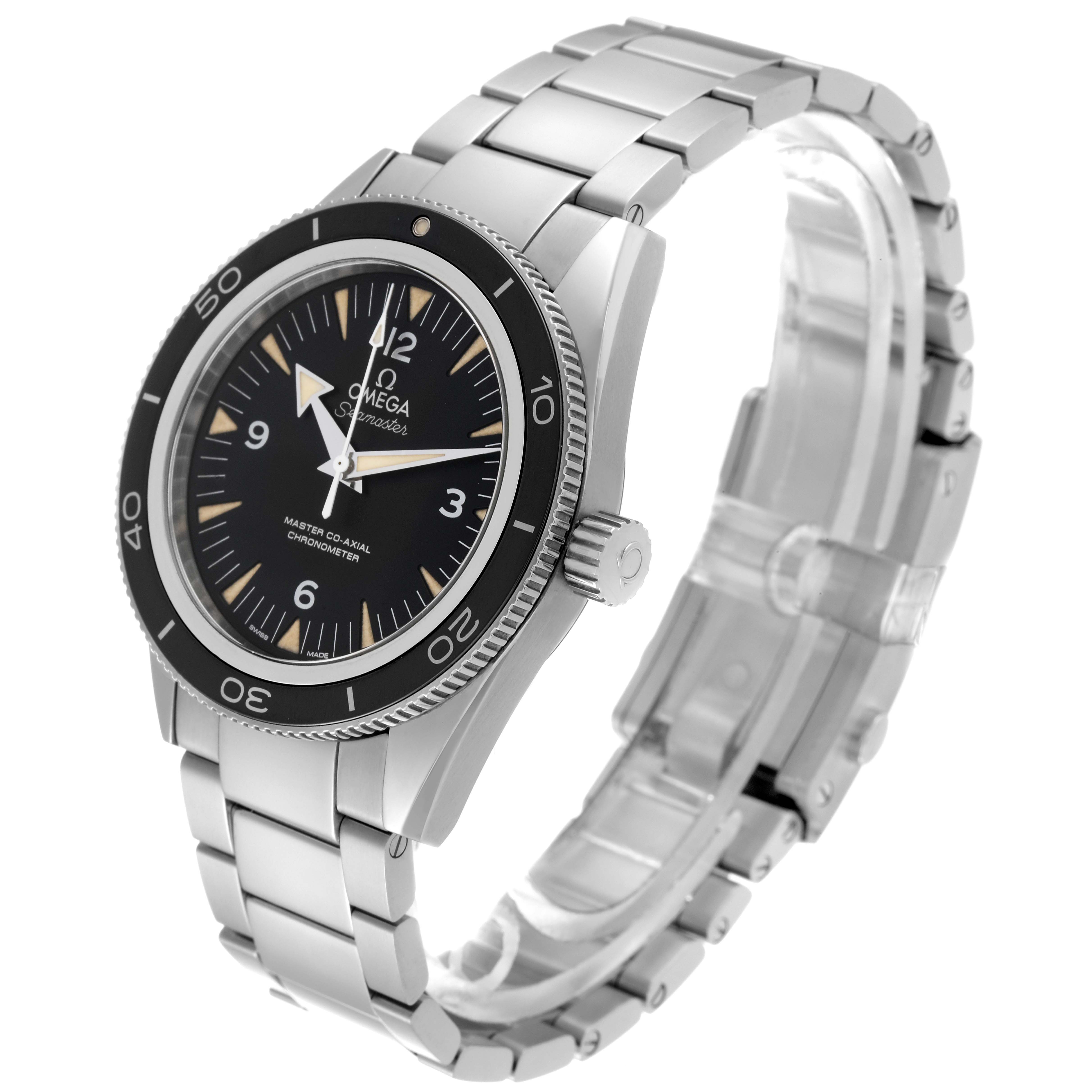 This image shows a side front angle of the Omega Seamaster 233.30.41.21.01.001 Men's Stainless Steel Black Dial 233.30.41.21.01.001 Men's Stainless Steel Black Dial watch, highlighting the bezel, crown, and metal bracelet.