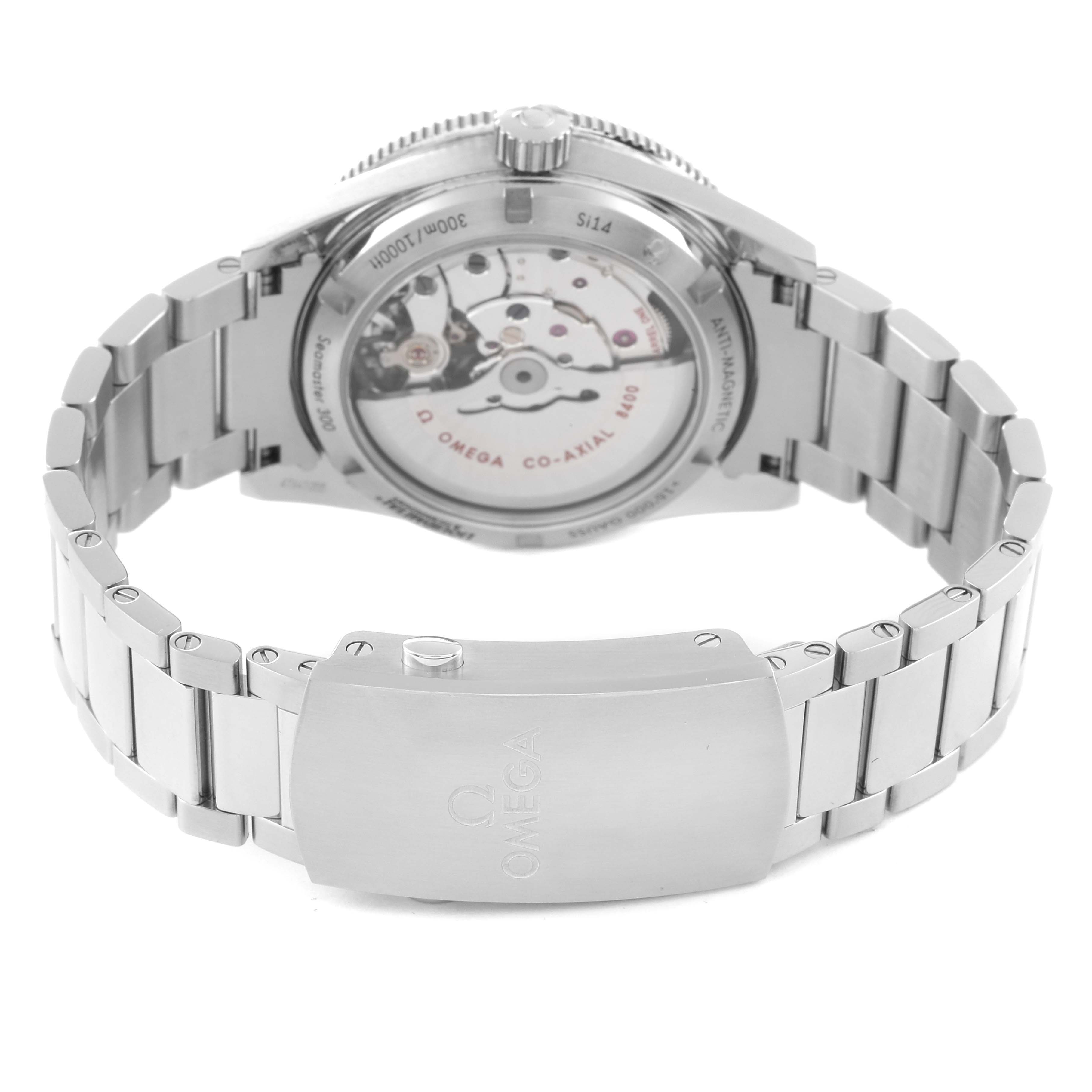 The image shows the back view of an Omega Seamaster 233.30.41.21.01.001 Men's Stainless Steel Black Dial 233.30.41.21.01.001 Men's Stainless Steel Black Dial watch, highlighting its bracelet and visible movement through the case back.