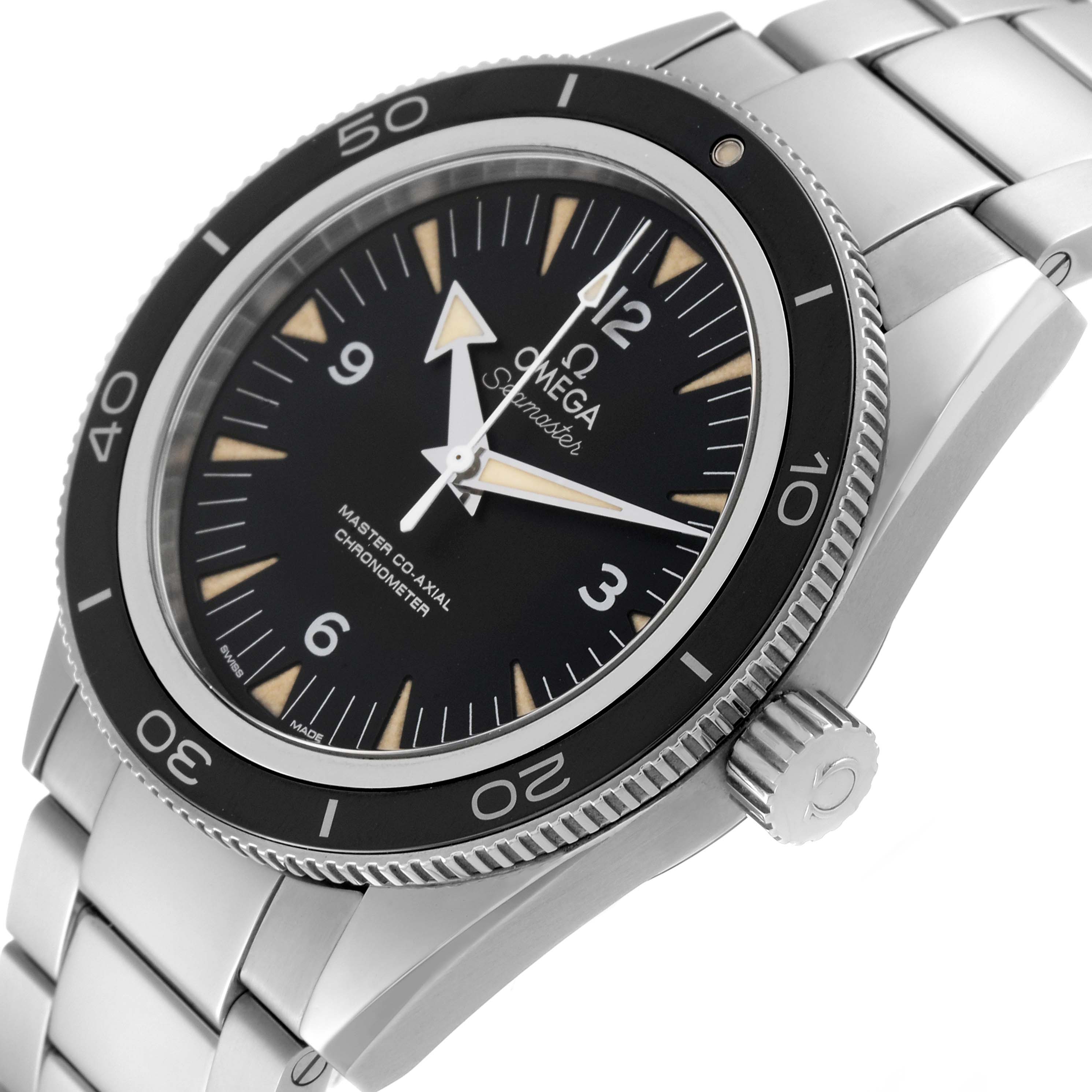 This Omega Seamaster 233.30.41.21.01.001 Men's Stainless Steel Black Dial 233.30.41.21.01.001 Men's Stainless Steel Black Dial watch is shown at an angled close-up, highlighting the dial, bezel, and part of the bracelet.