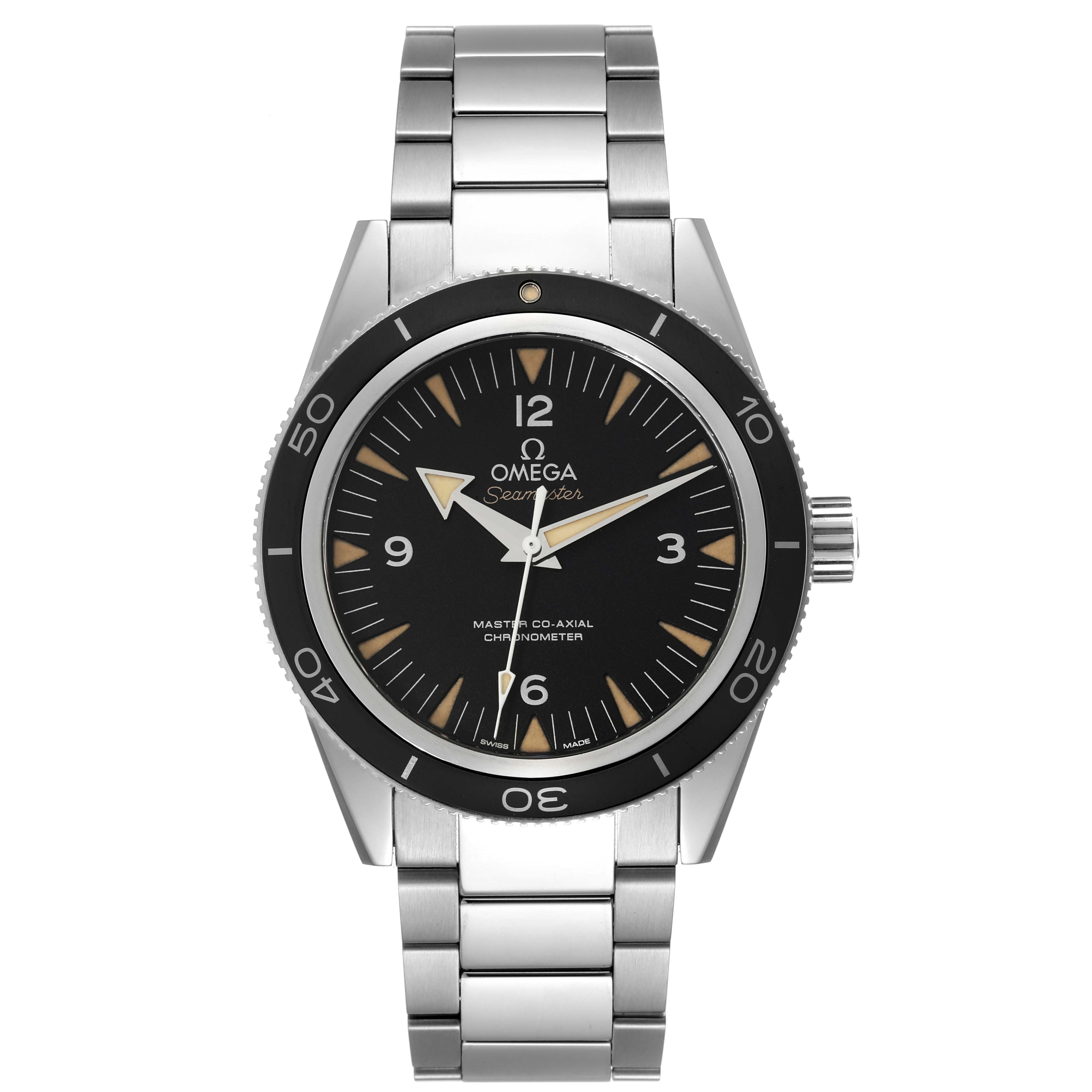 The image shows a frontal view of the Omega Seamaster 233.30.41.21.01.001 Men's Stainless Steel Black Dial 233.30.41.21.01.001 Men's Stainless Steel Black Dial watch, displaying the face, bezel, crown, and stainless steel bracelet.