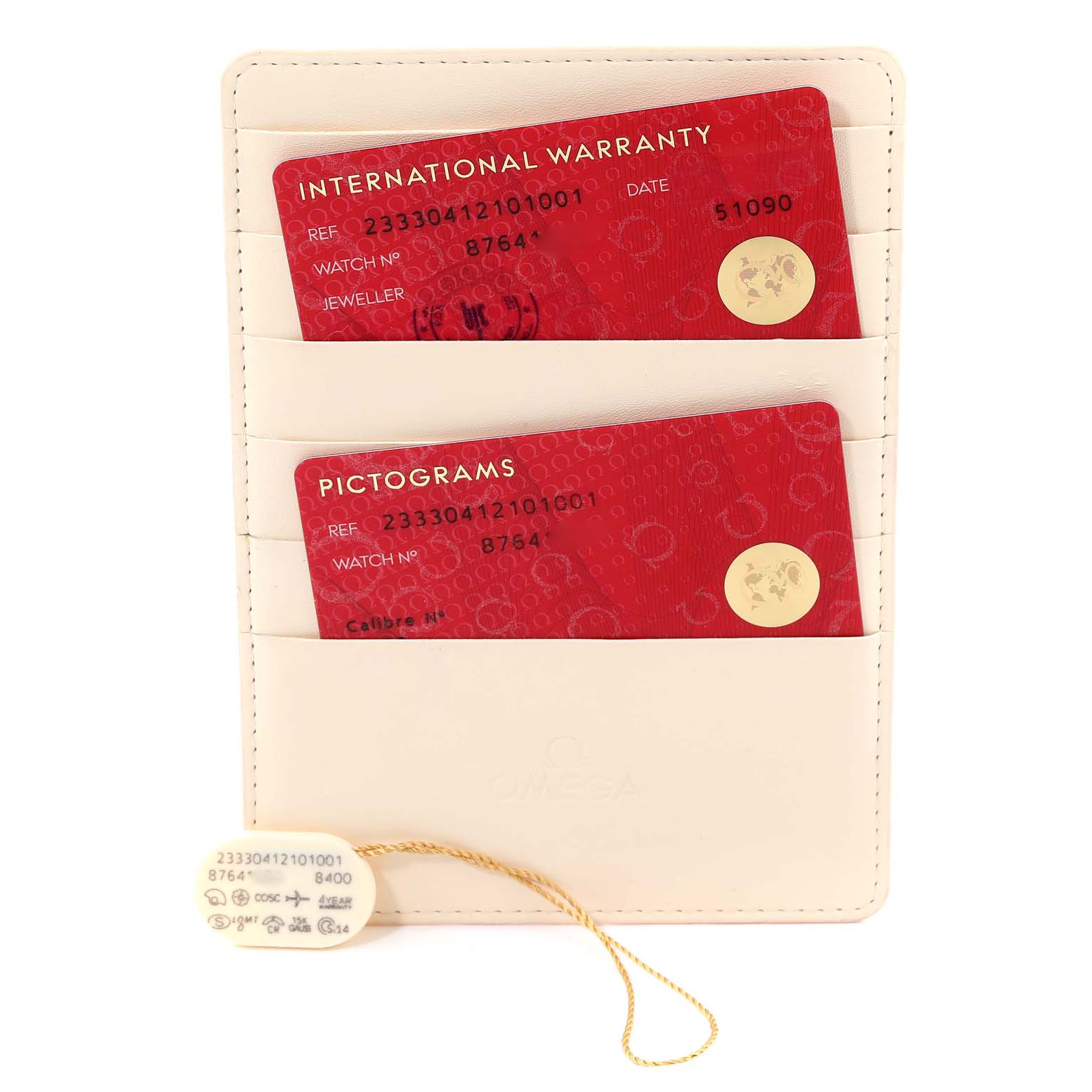 This image shows the warranty cards and tags for an Omega Seamaster 233.30.41.21.01.001 Men's Stainless Steel Black Dial 233.30.41.21.01.001 Men's Stainless Steel Black Dial watch.