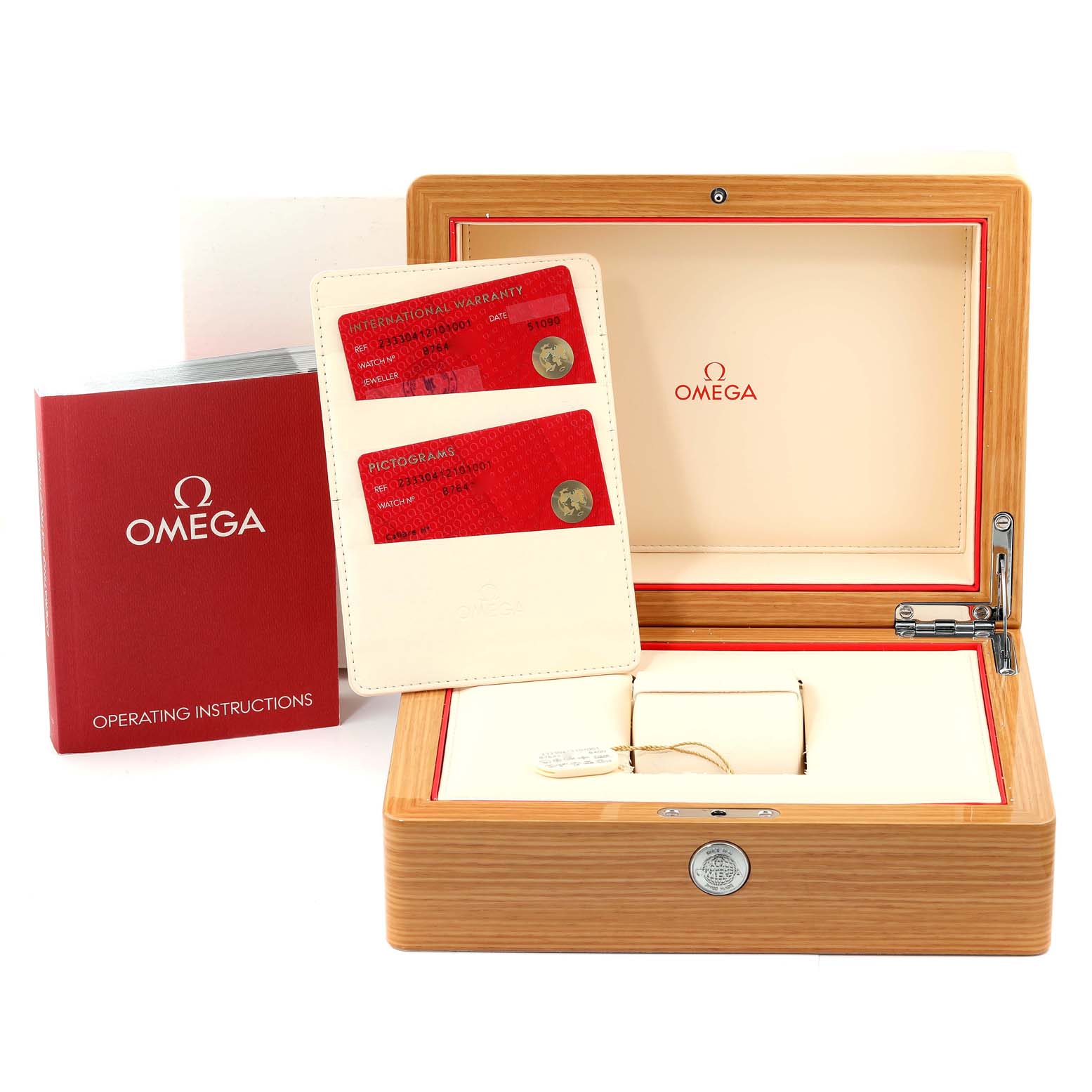 The image shows the packaging, warranty cards, and operating instructions for the Omega Seamaster 233.30.41.21.01.001 Men's Stainless Steel Black Dial 233.30.41.21.01.001 Men's Stainless Steel Black Dial watch.