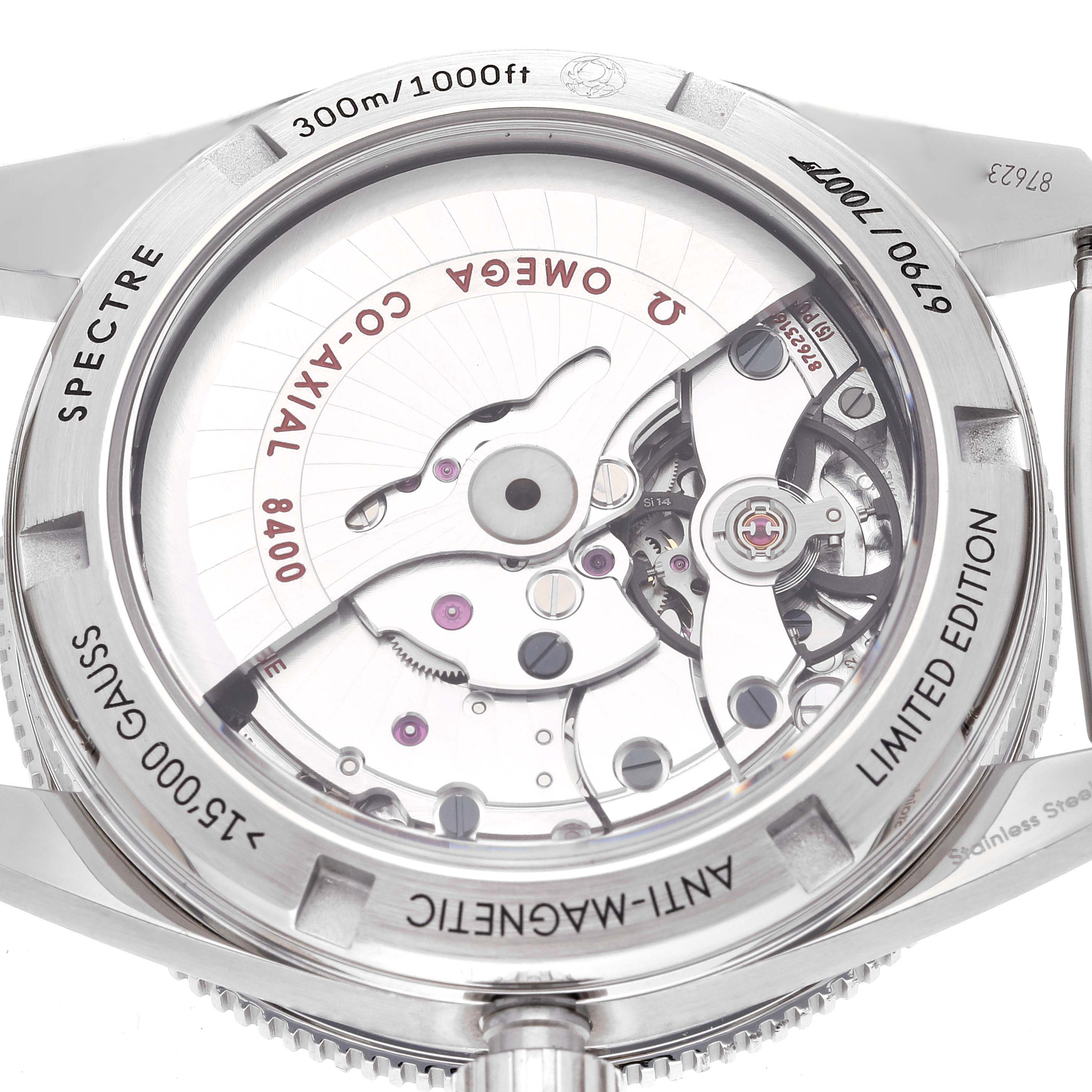 The image shows the back of an Omega Seamaster 233.32.41.21.01.001 Men's Stainless Steel Black Dial 233.32.41.21.01.001 Men's Stainless Steel Black Dial, displaying the movement and various engravings on the case back.